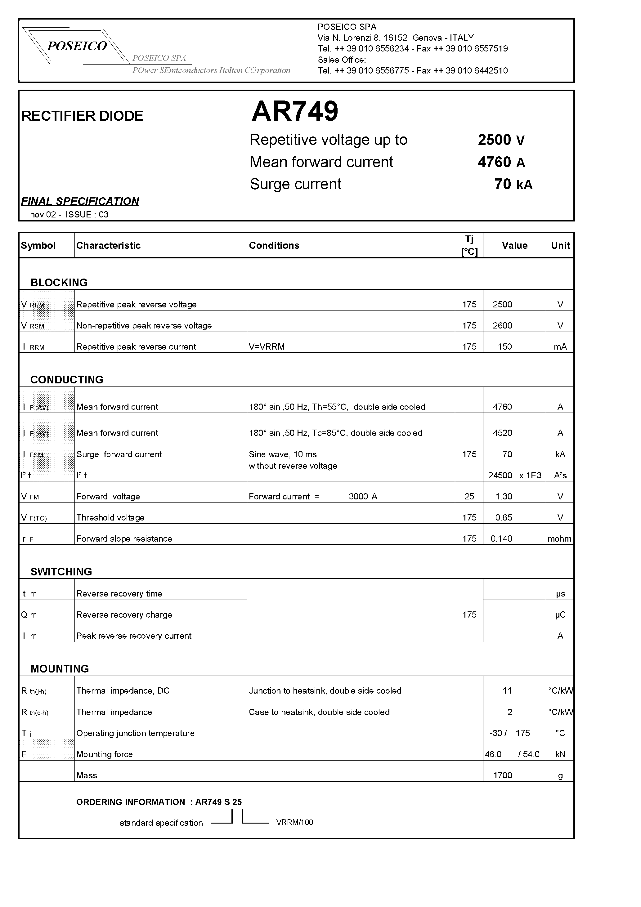 Datasheet AR749S25 page 1 Datasheet AR749S25 - RECTIFIER DIODE page 1