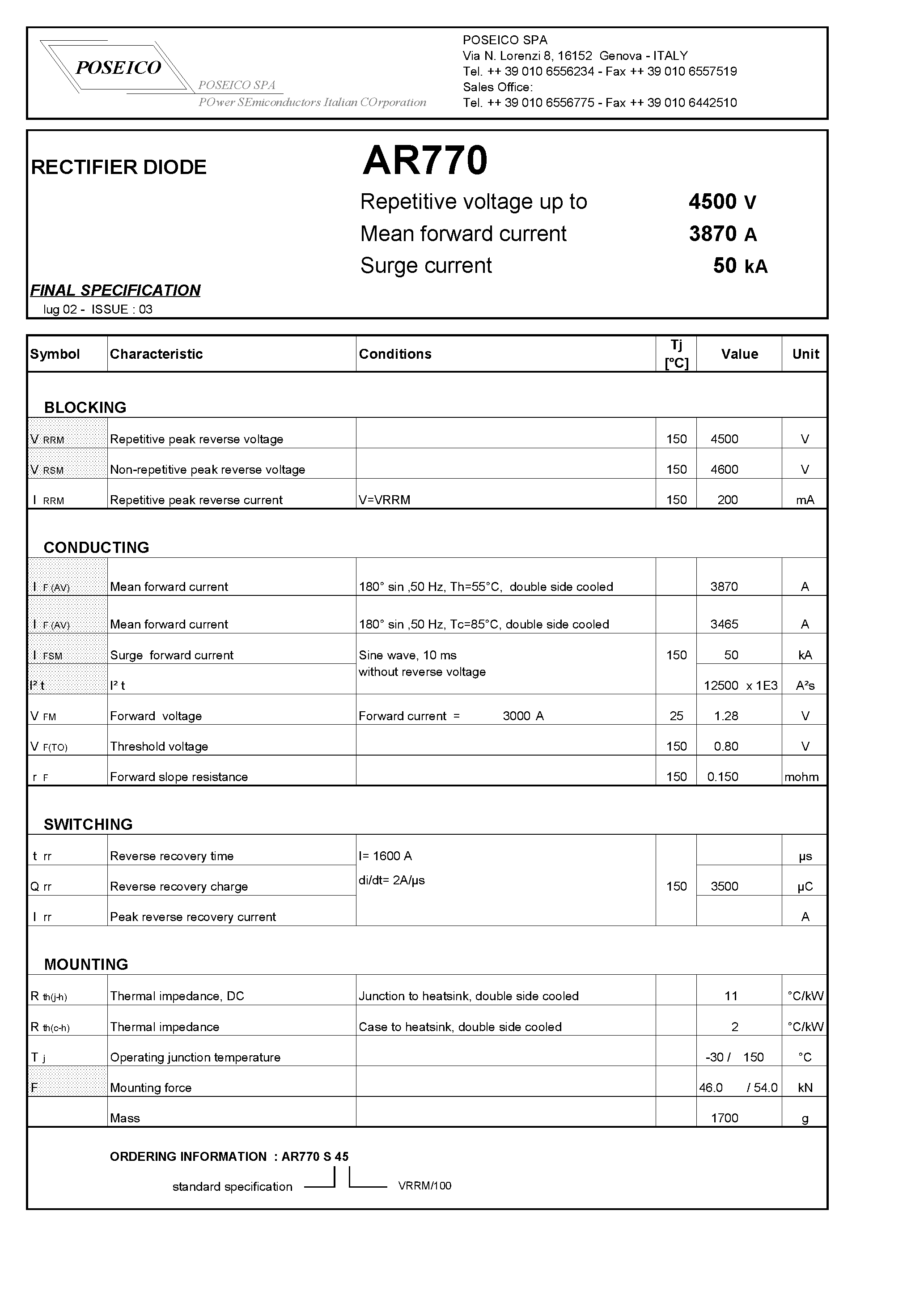 Datasheet AR770 - RECTIFIER DIODE page 1