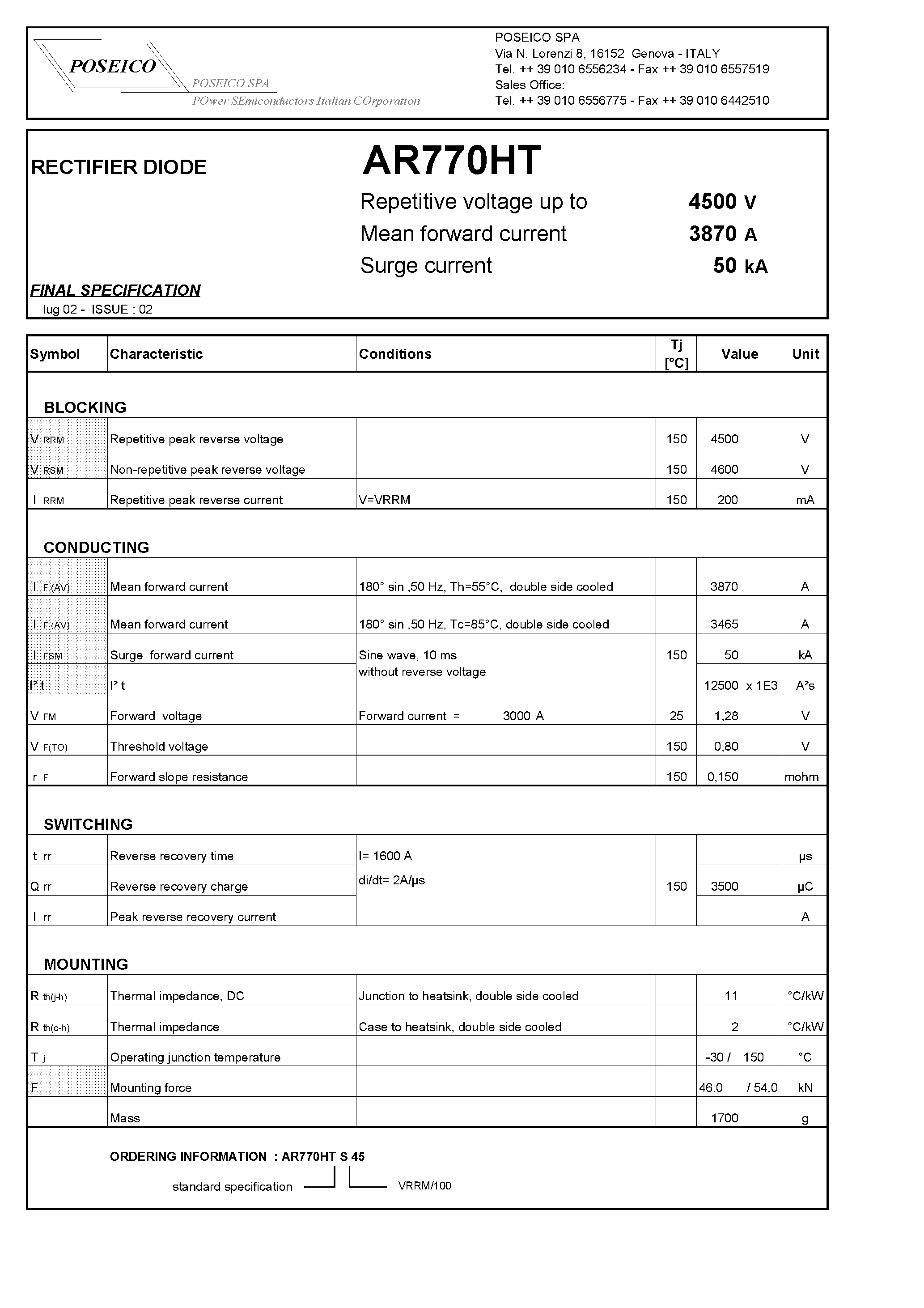 Datasheet AR770HTS45 page 1 Datasheet AR770HTS45 - RECTIFIER DIODE page 1
