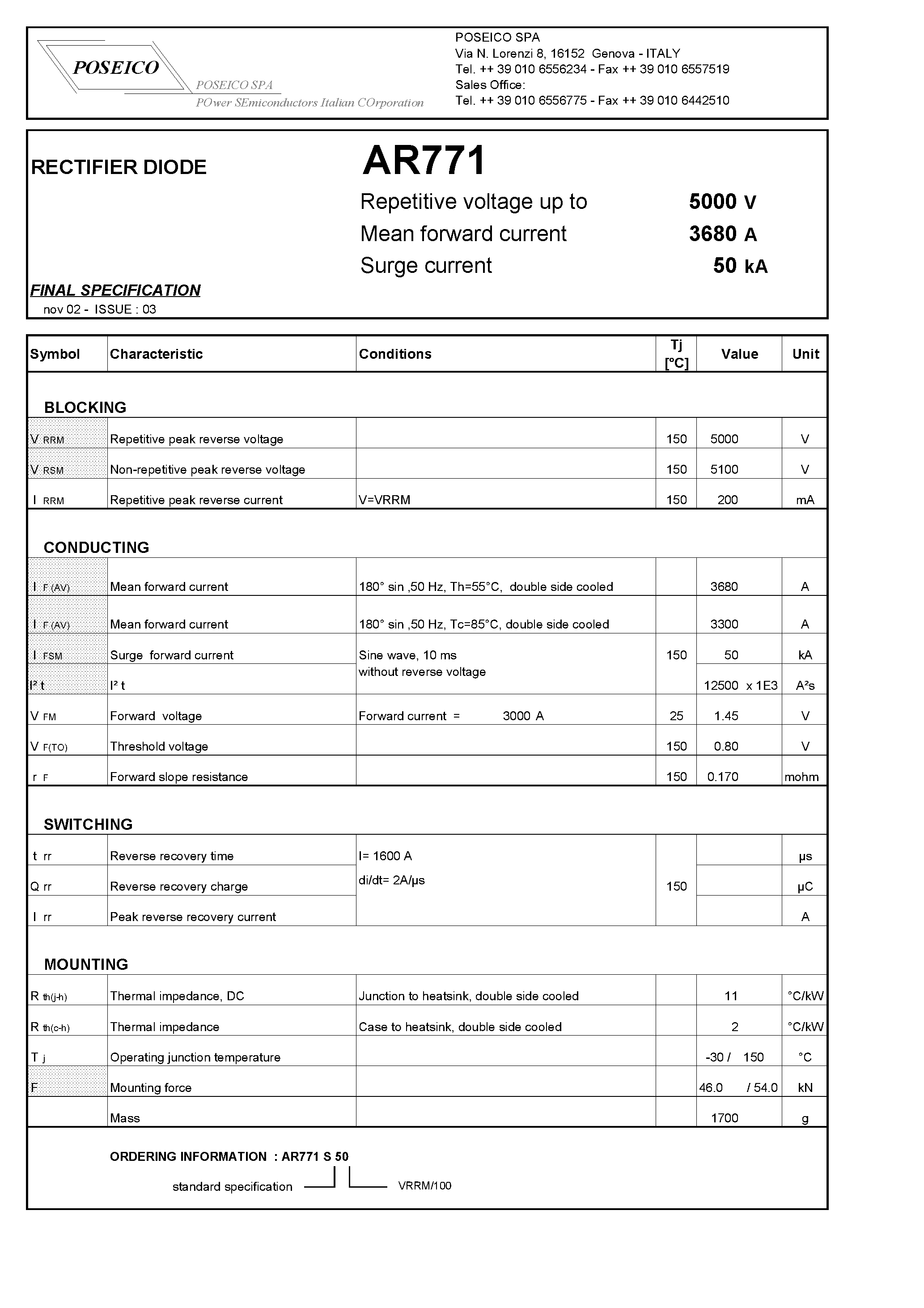 Datasheet AR771 page 1 Datasheet AR771 - RECTIFIER DIODE page 1