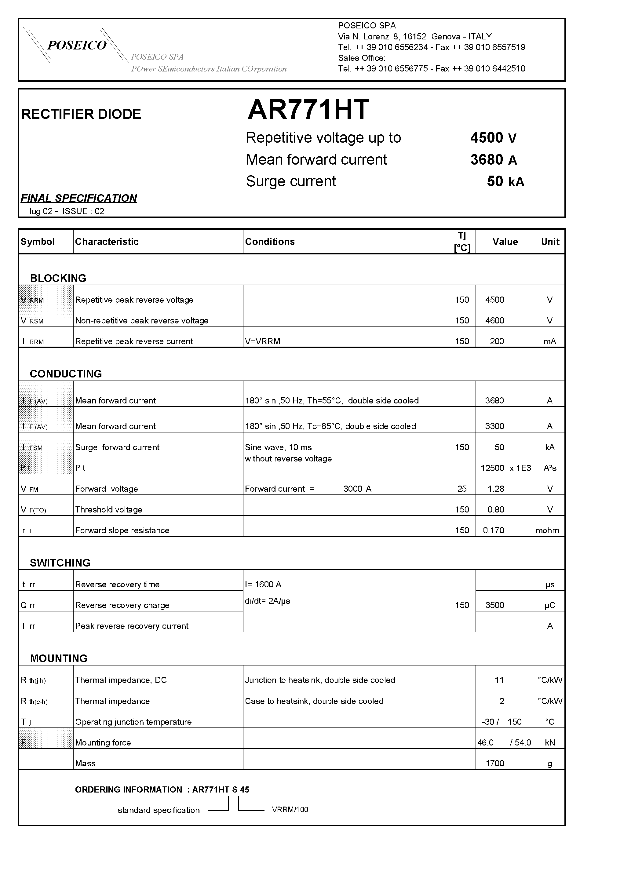 Datasheet AR771HTS45 page 1 Datasheet AR771HTS45 - RECTIFIER DIODE page 1