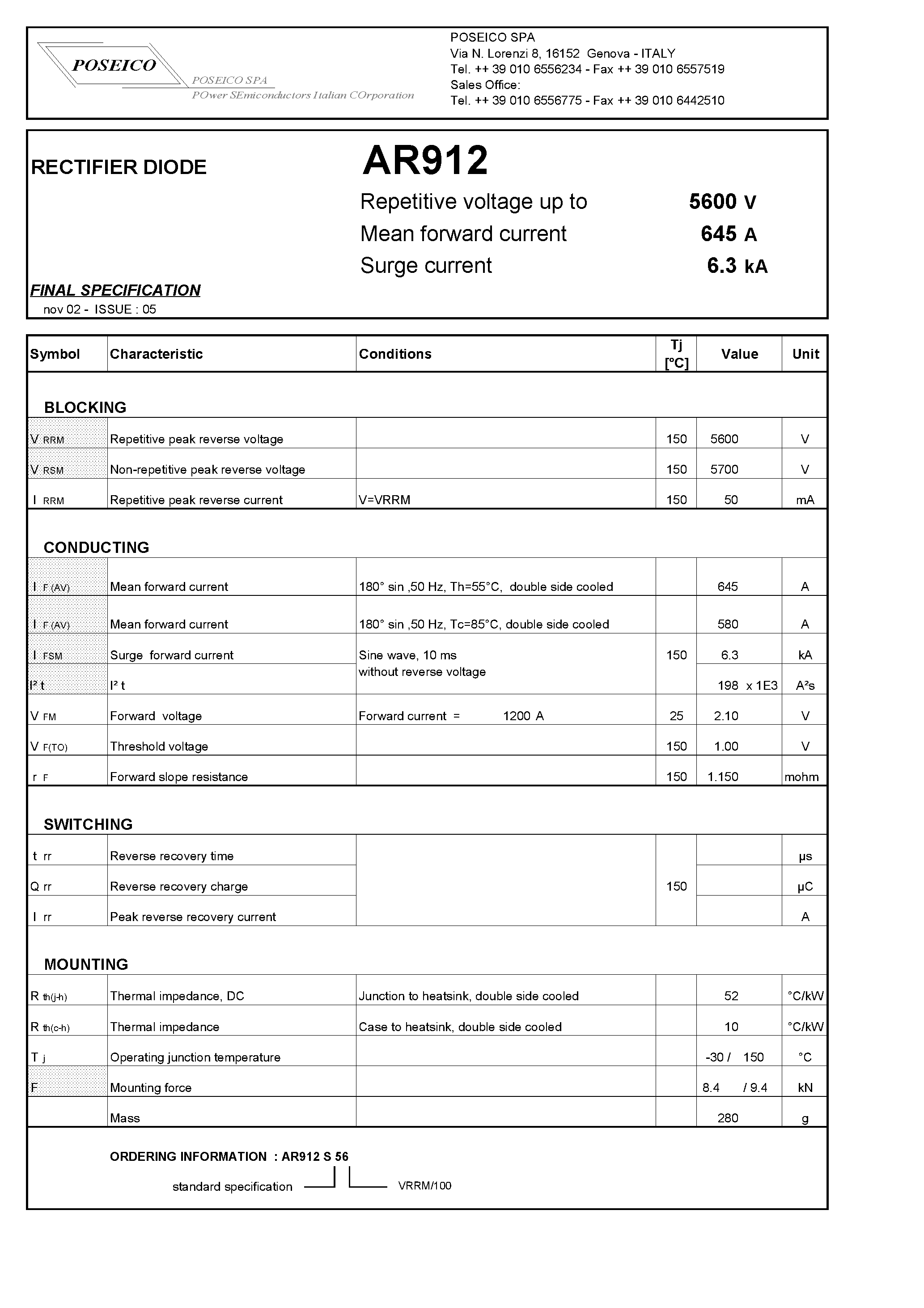 Datasheet AR912S56 - RECTIFIER DIODE page 1