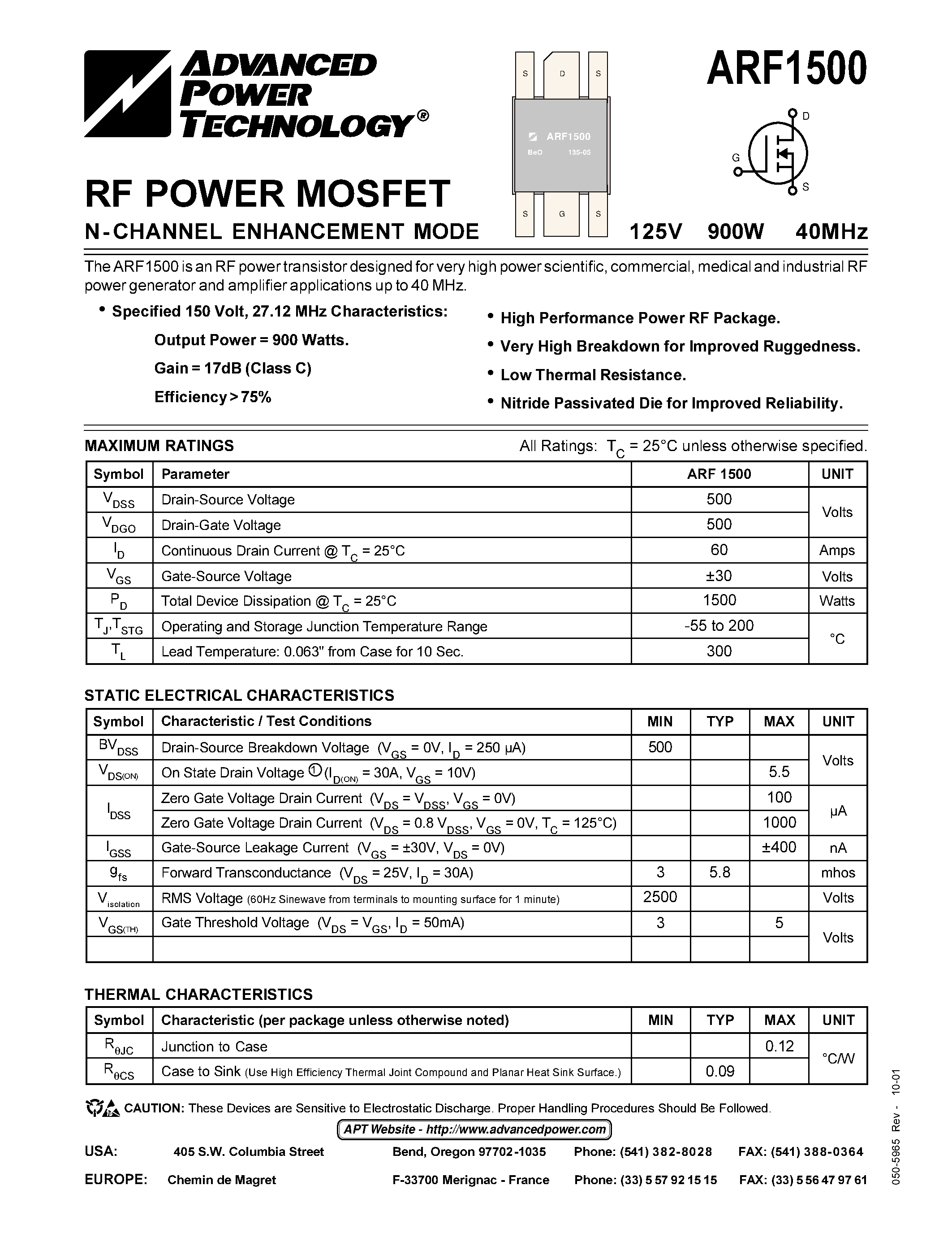 Datasheet ARF1500 - RF POWER MOSFET N-CHANNEL ENHANCEMENT MODE page 1