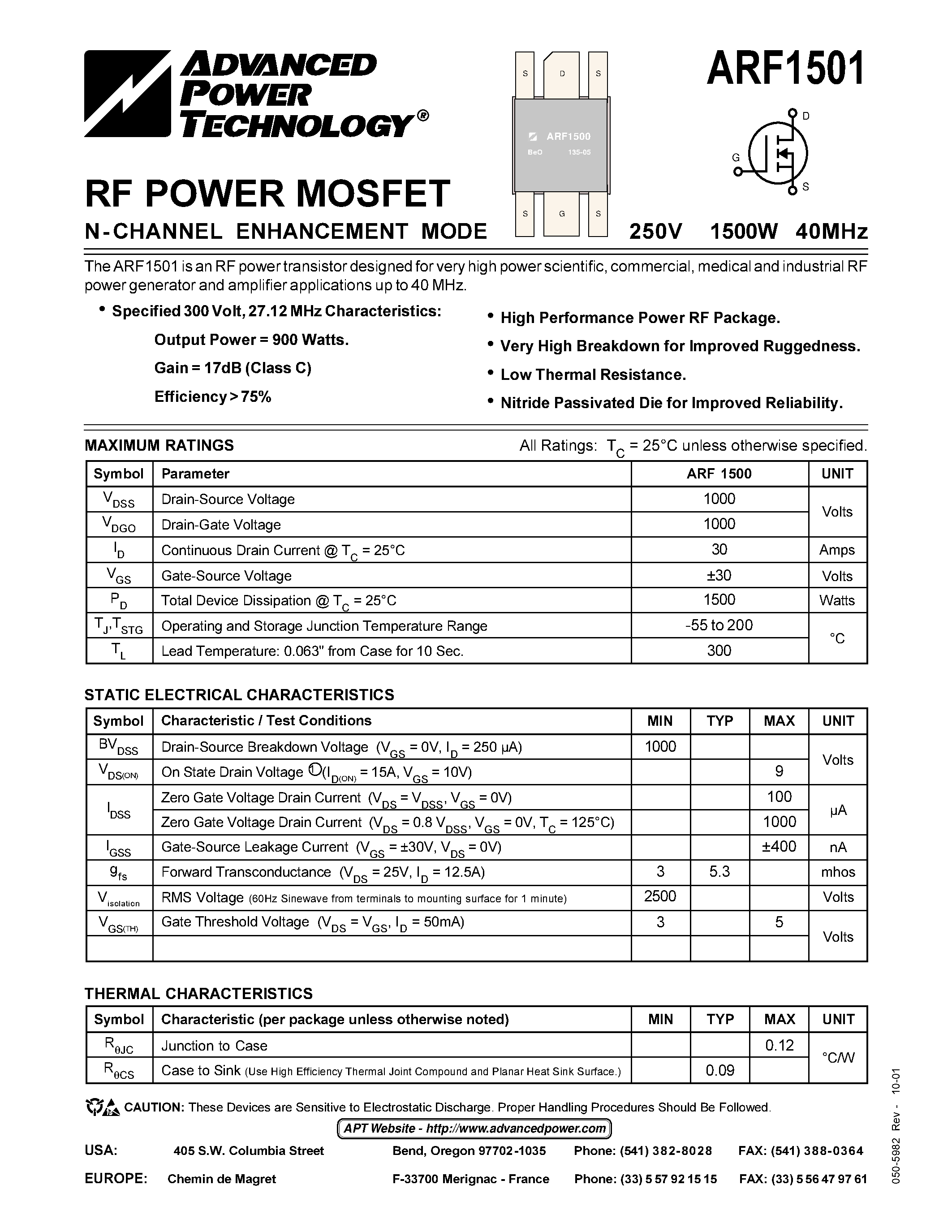 Datasheet ARF1501 - RF POWER MOSFET N-CHANNEL ENHANCEMENT MODE page 1