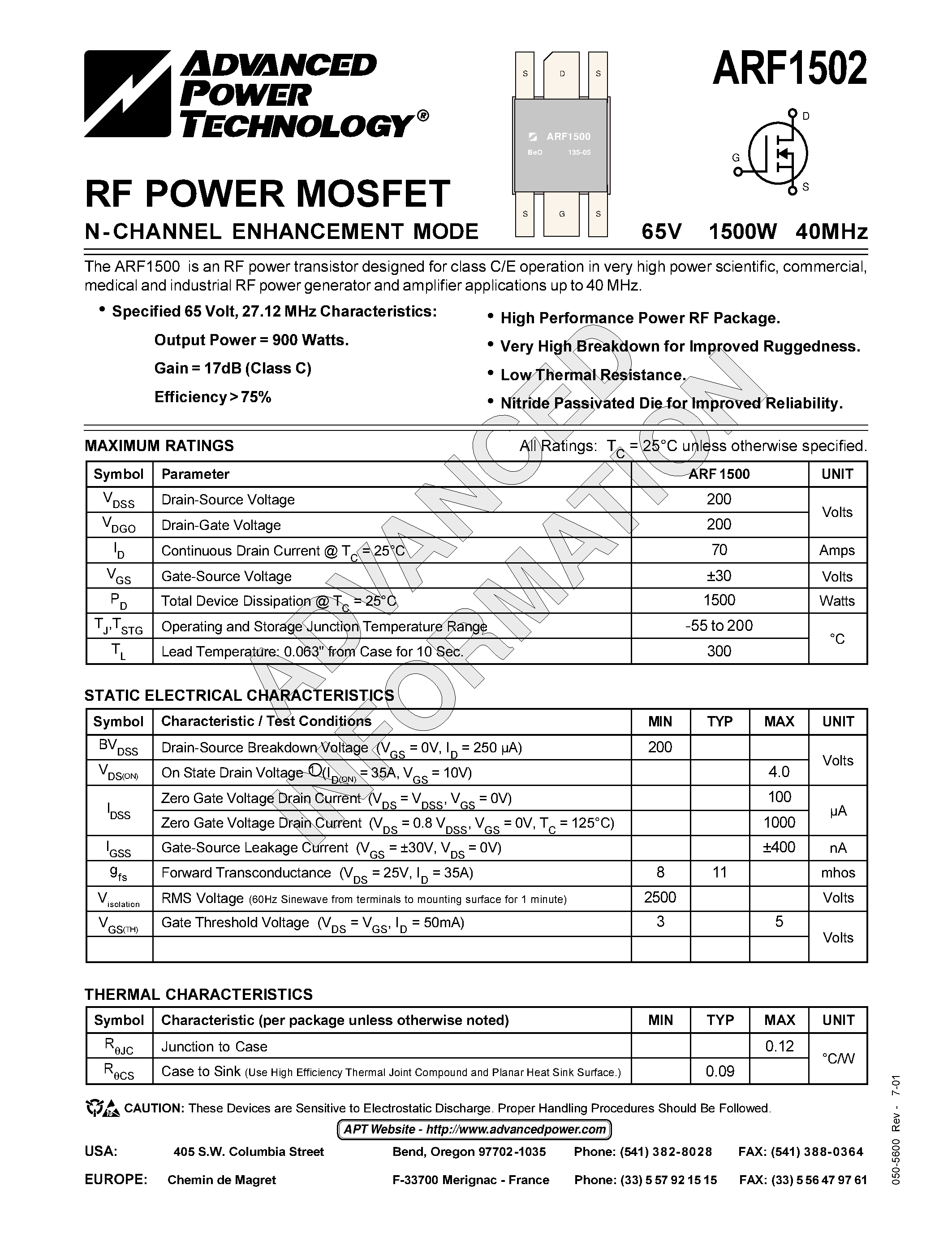 Datasheet ARF1502 - RF POWER MOSFET N-CHANNEL ENHANCEMENT MODE page 1