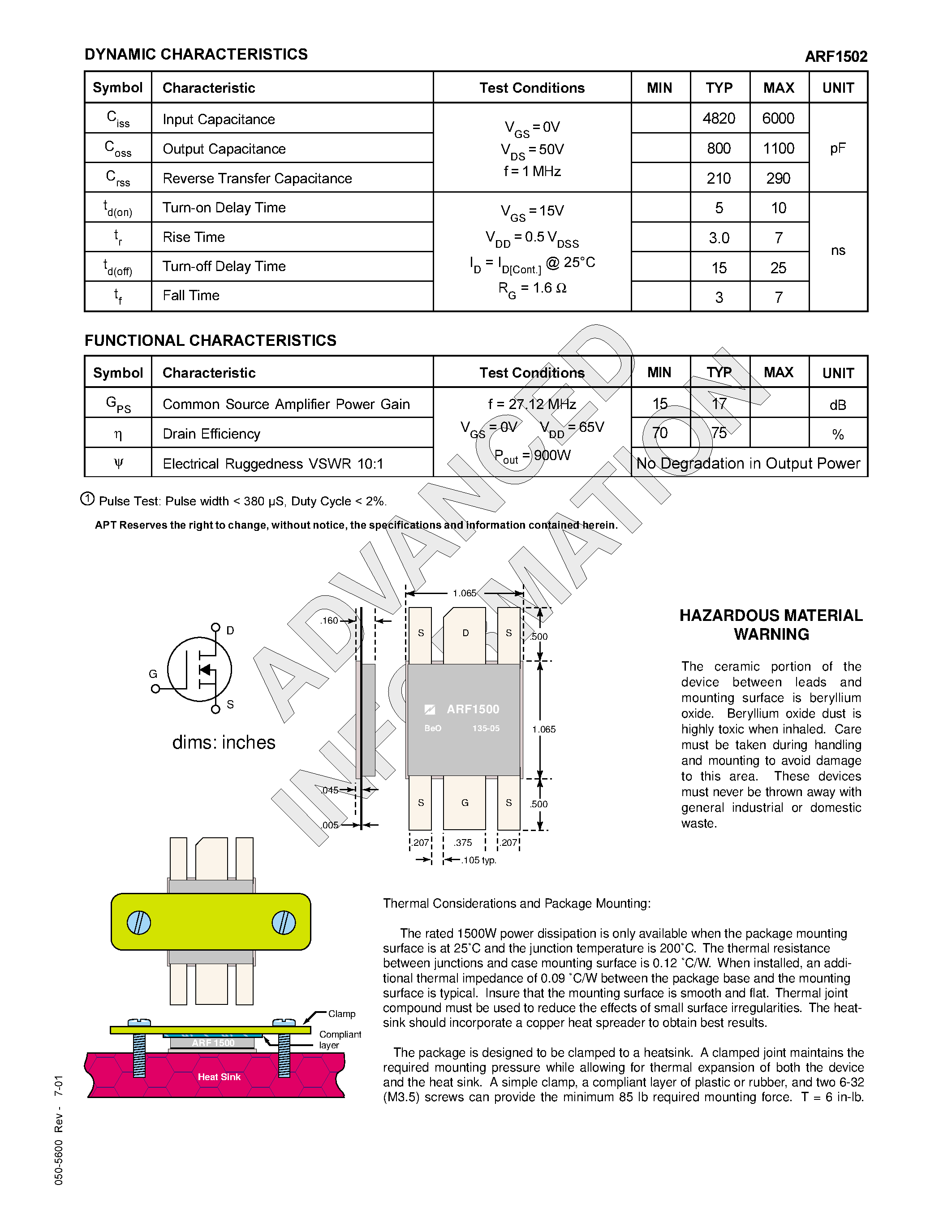 Datasheet ARF1502 - RF POWER MOSFET N-CHANNEL ENHANCEMENT MODE page 2