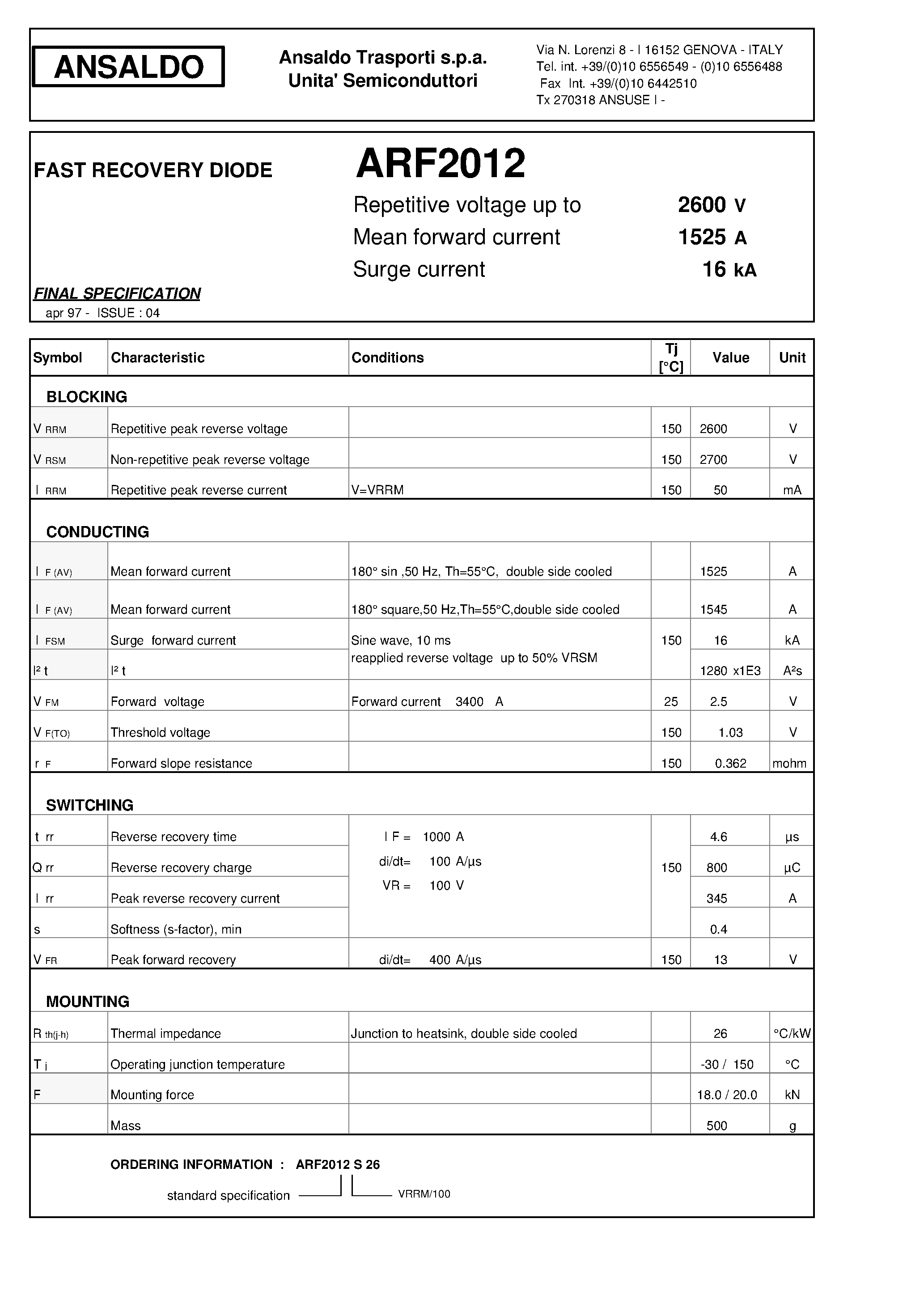 Datasheet ARF2012 - FAST RECOVERY DIODE page 1