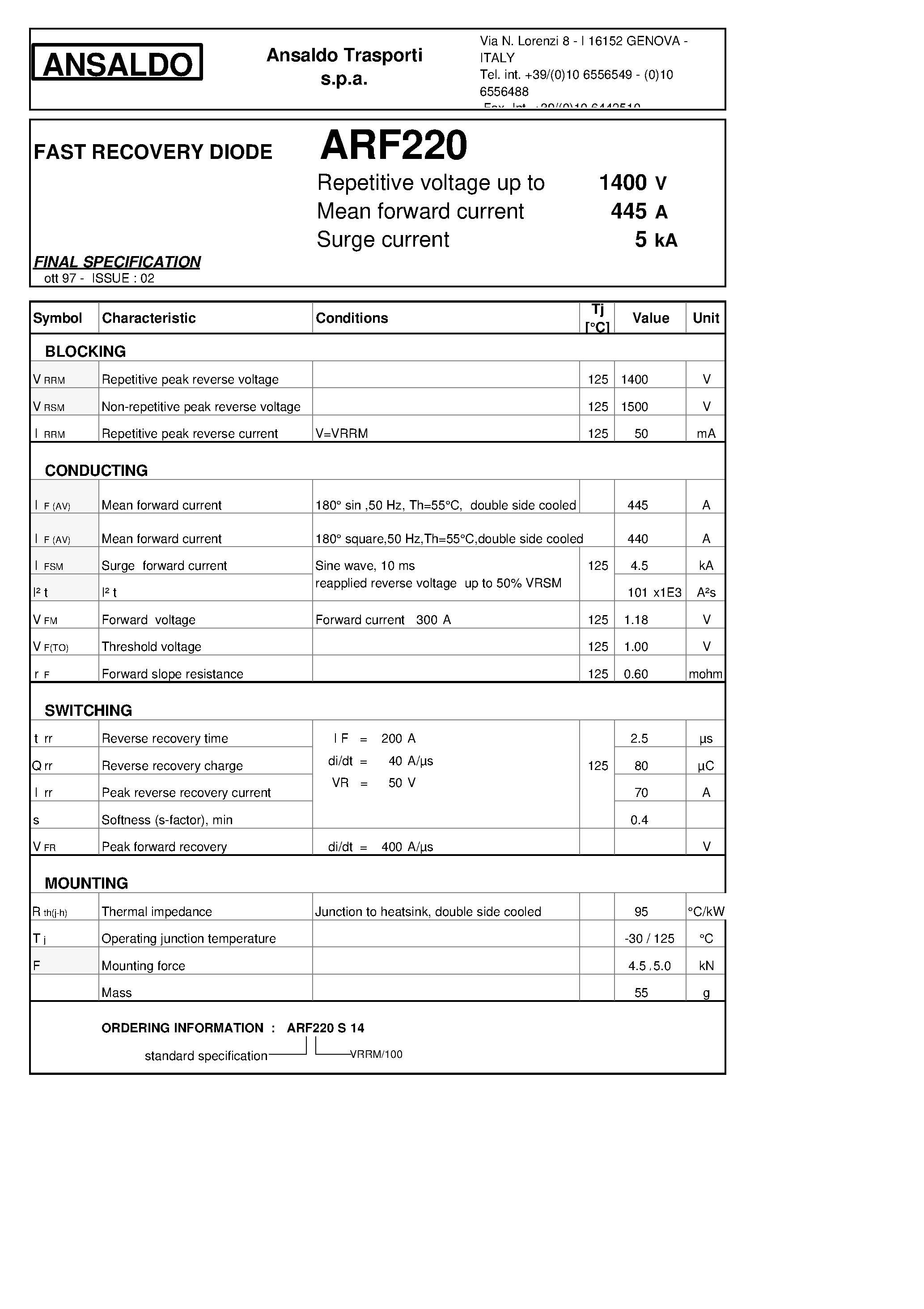 Datasheet ARF220 page 1 Datasheet ARF220 - FAST RECOVERY DIODE page 1