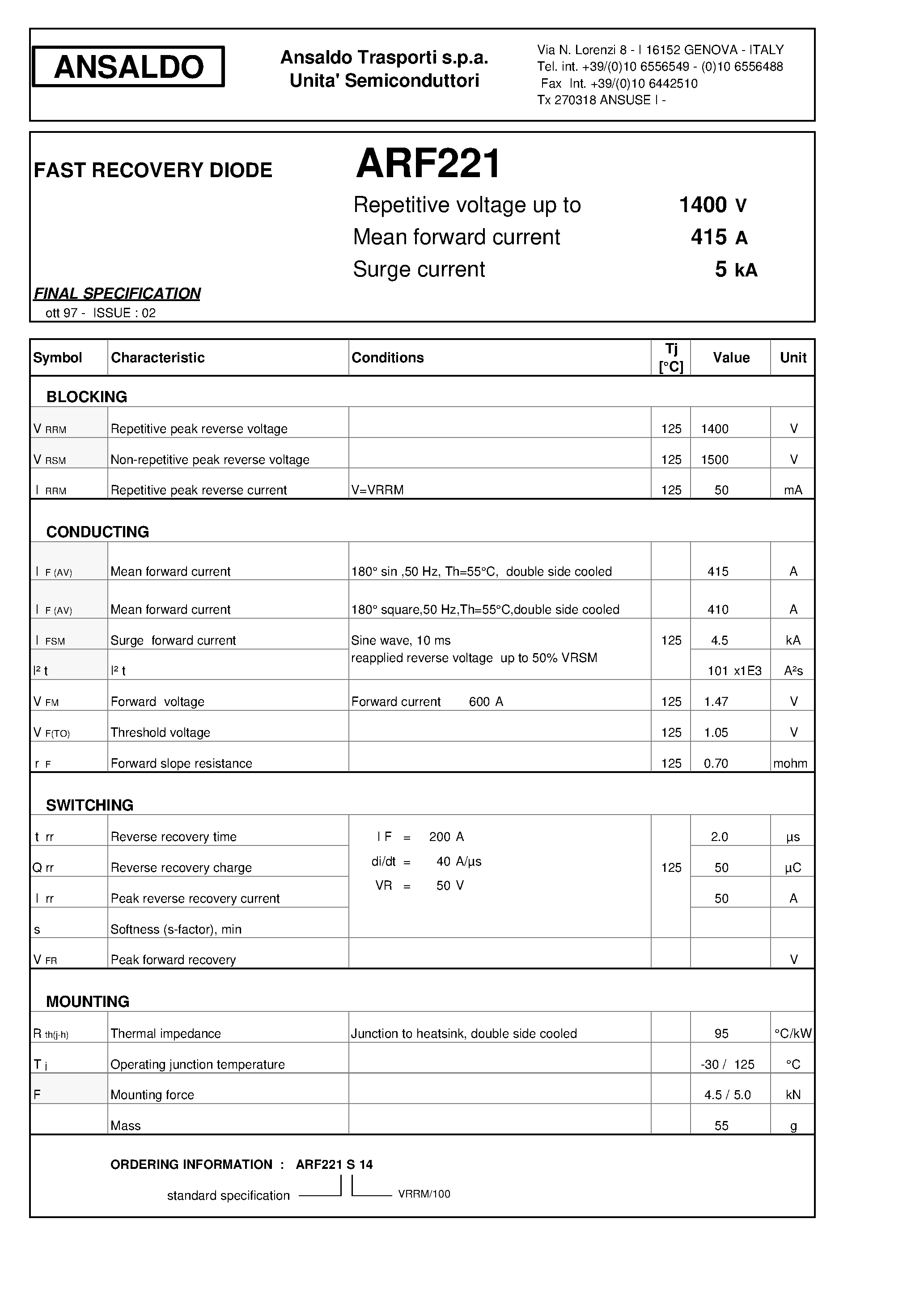 Datasheet ARF221S14 page 1 Datasheet ARF221S14 - FAST RECOVERY DIODE page 1