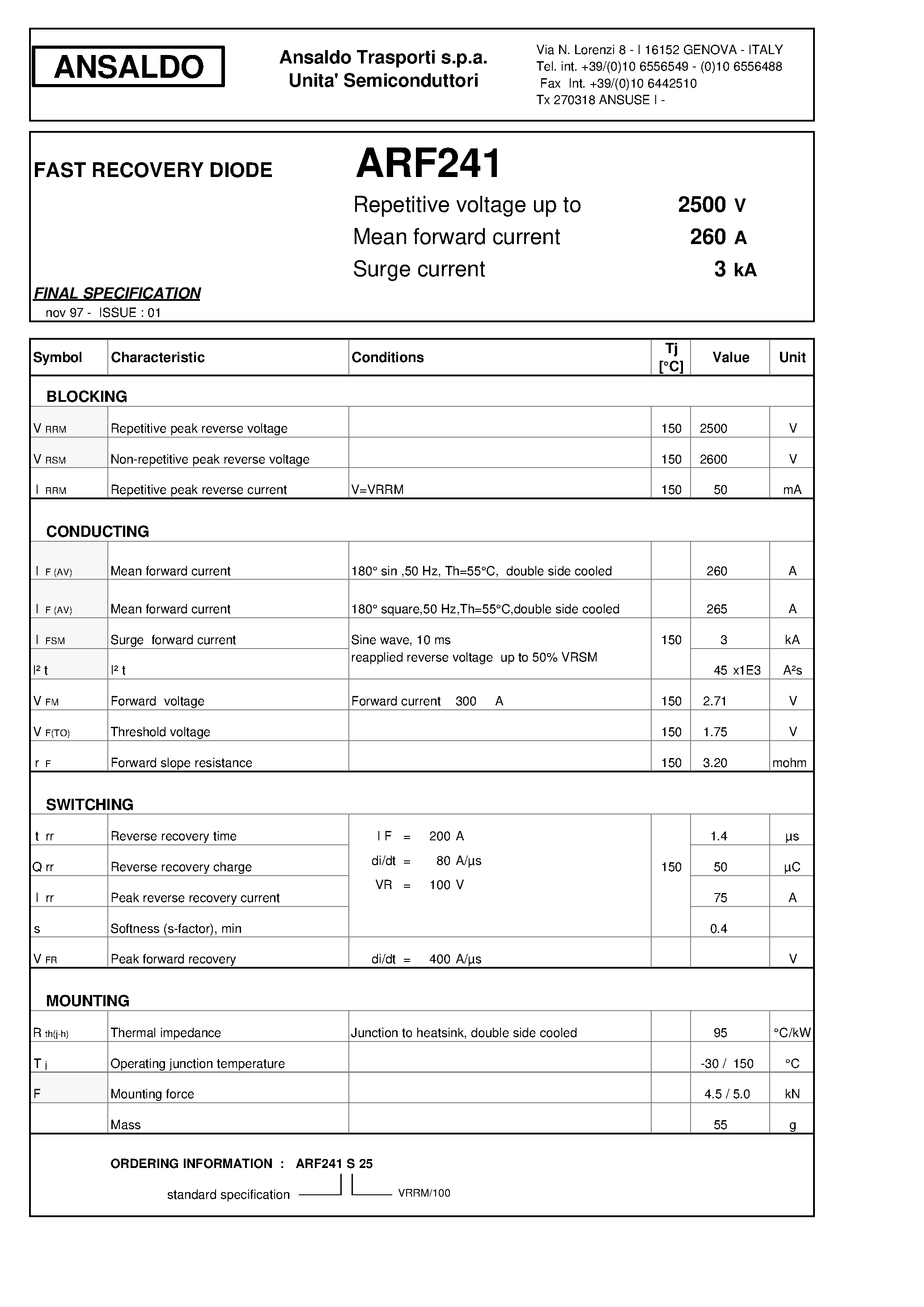 Datasheet ARF241S25 page 1 Datasheet ARF241S25 - FAST RECOVERY DIODE page 1