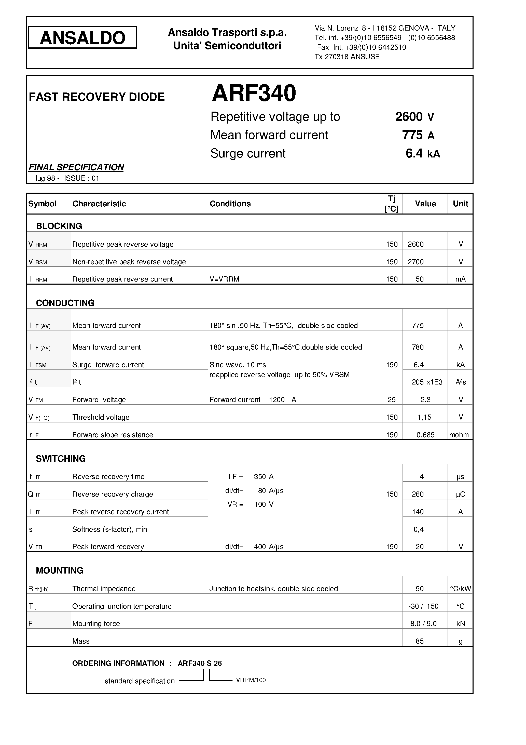 Datasheet ARF340 - FAST RECOVERY DIODE page 1