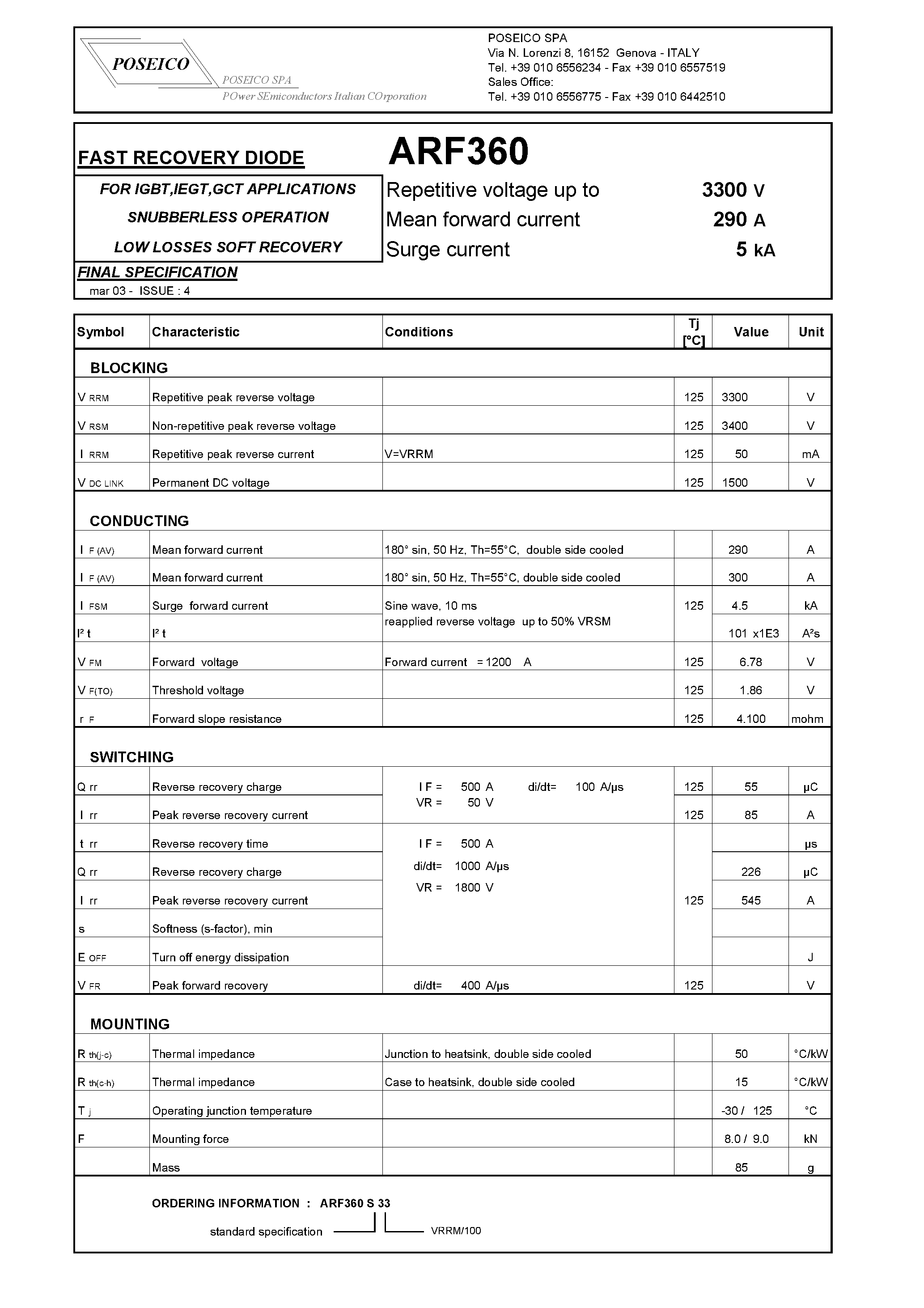Datasheet ARF360S33 page 1 Datasheet ARF360S33 - FAST RECOVERY DIODE page 1