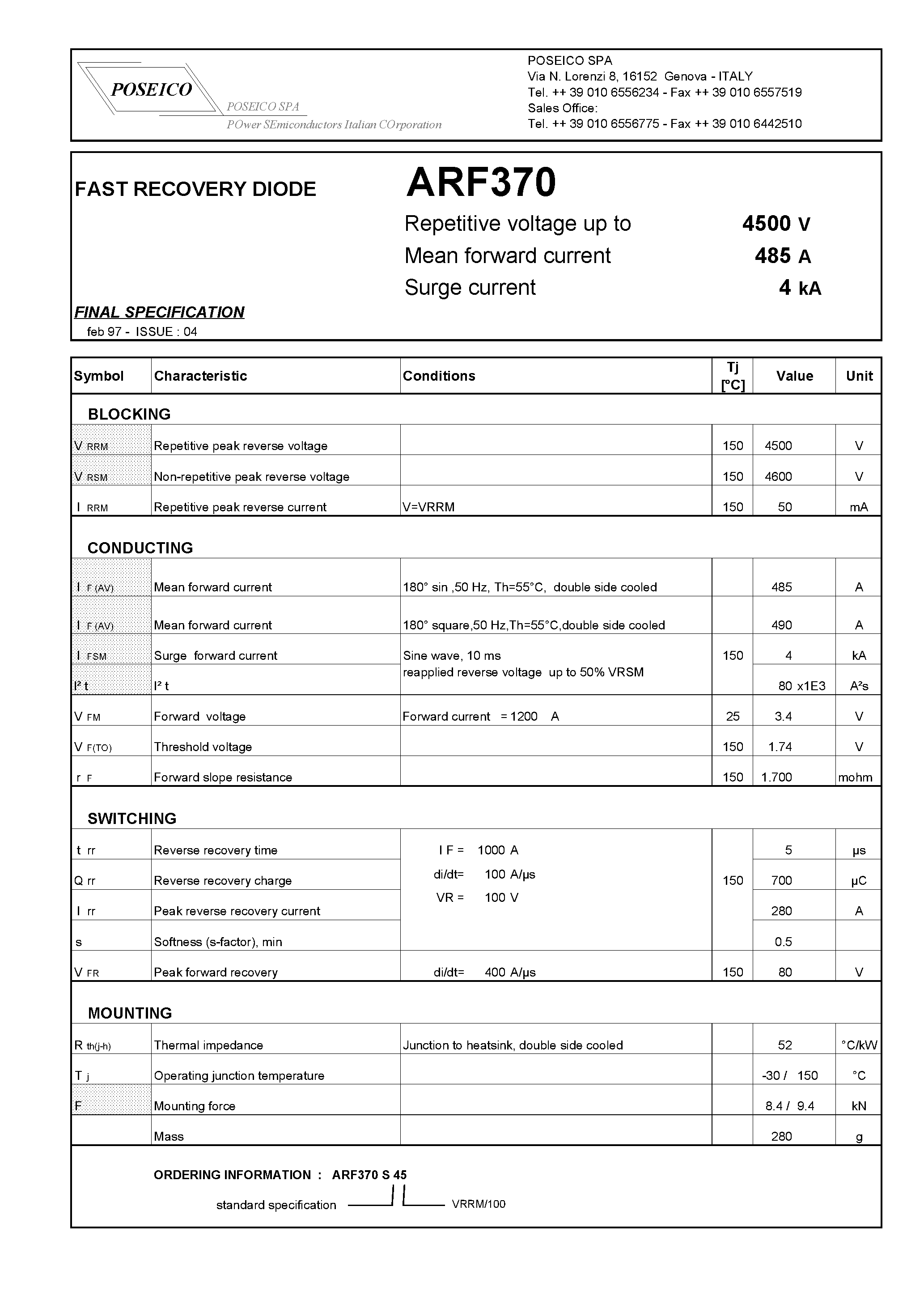 Datasheet ARF370 page 1 Datasheet ARF370 - FAST RECOVERY DIODE page 1