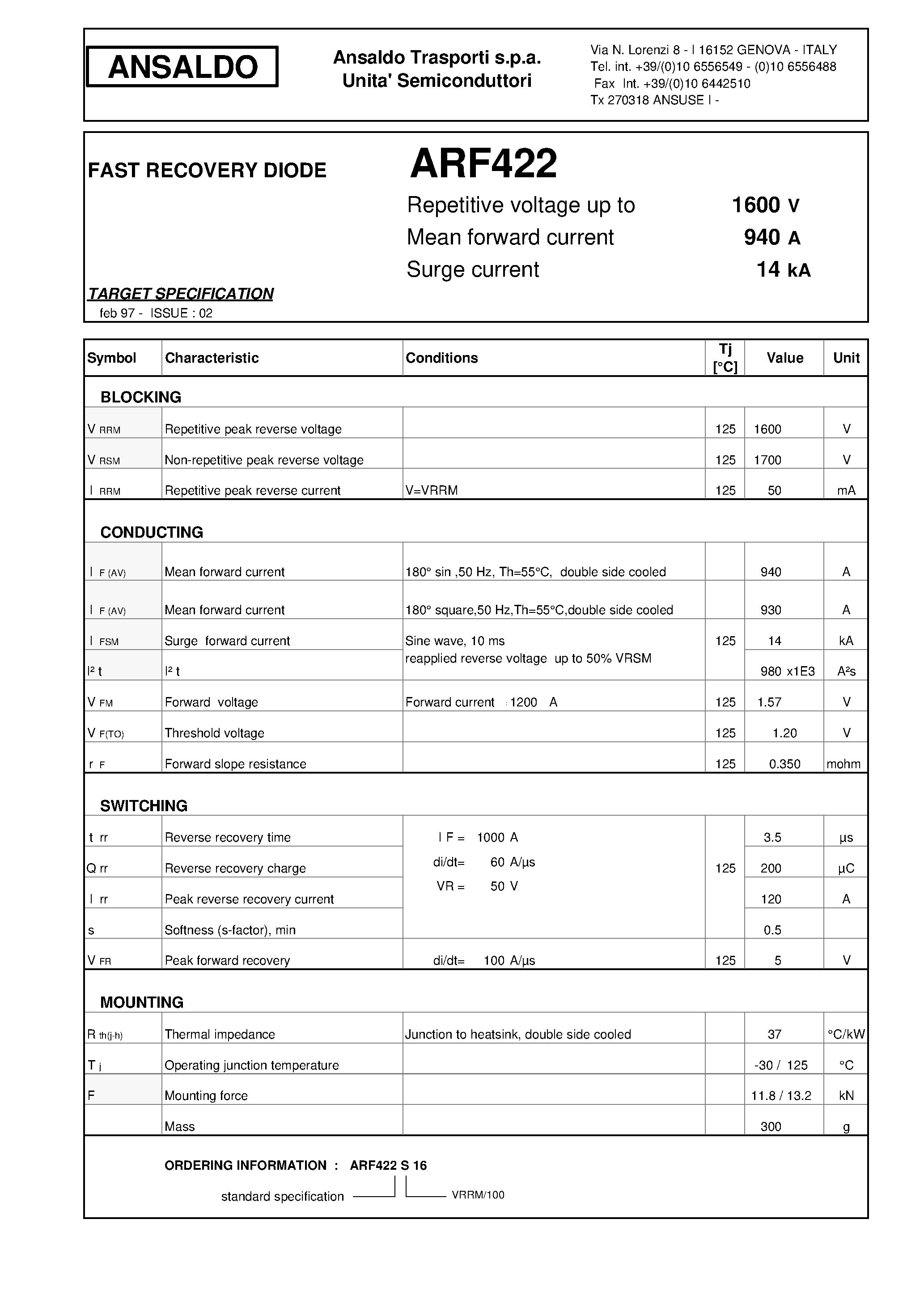 Datasheet ARF422 - FAST RECOVERY DIODE page 1