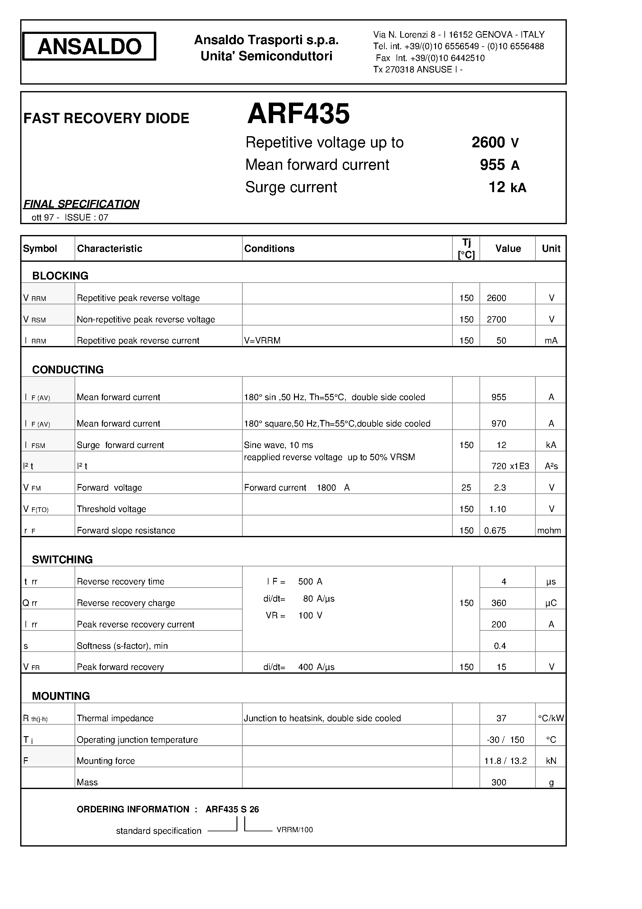 Datasheet ARF435 - FAST RECOVERY DIODE page 1