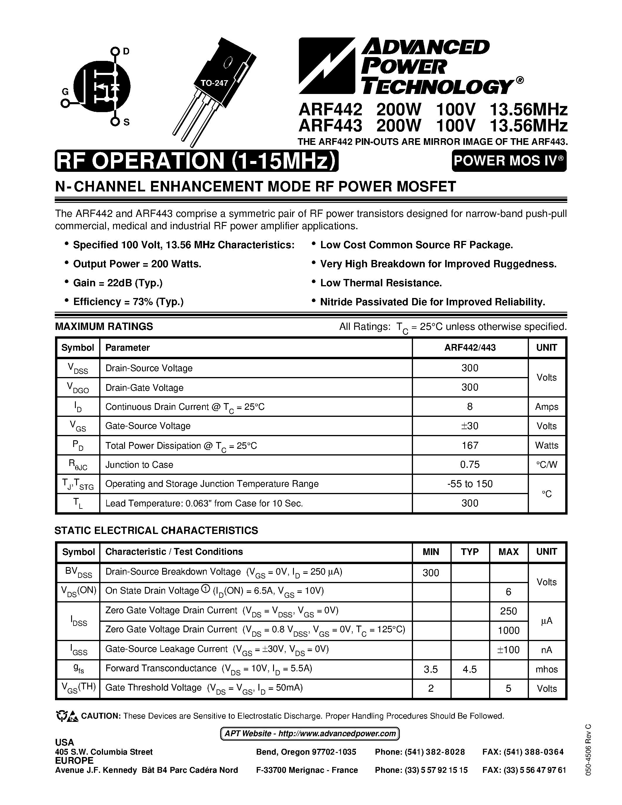 Datasheet ARF443 - N-CHANNEL ENHANCEMENT MODE RF POWER MOSFET page 1