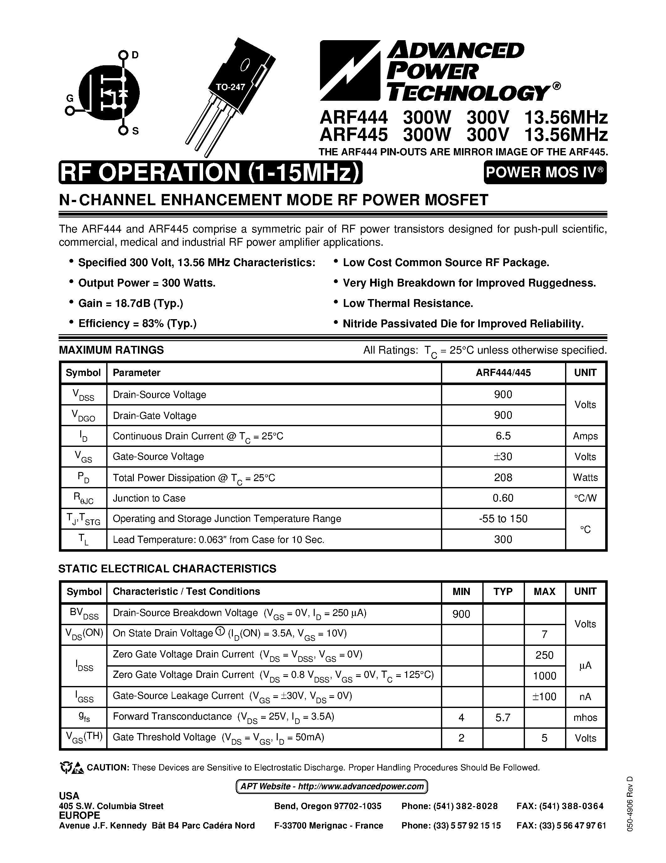 Datasheet ARF445 - N-CHANNEL ENHANCEMENT MODE RF POWER MOSFET page 1