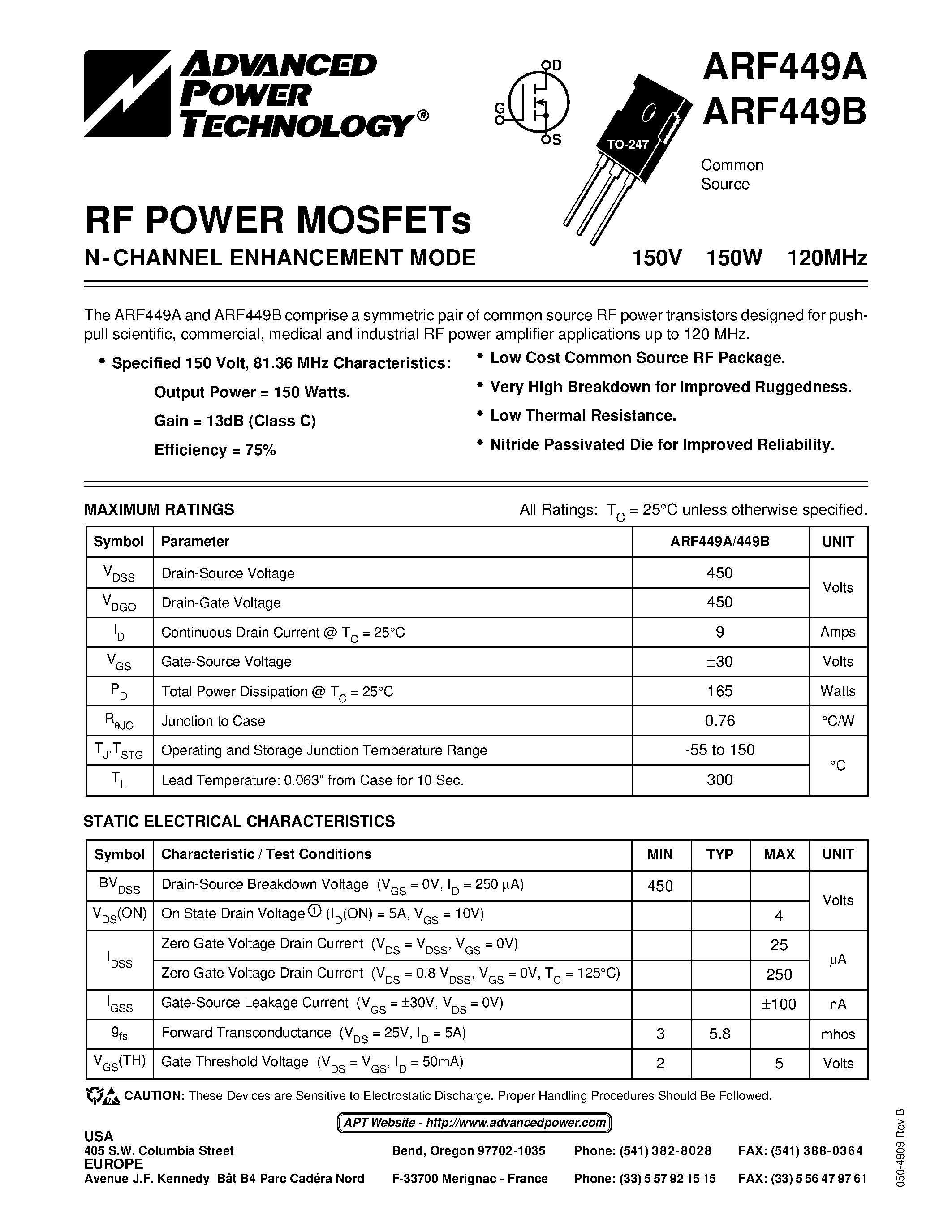 Datasheet ARF449B - N-CHANNEL ENHANCEMENT MODE page 1