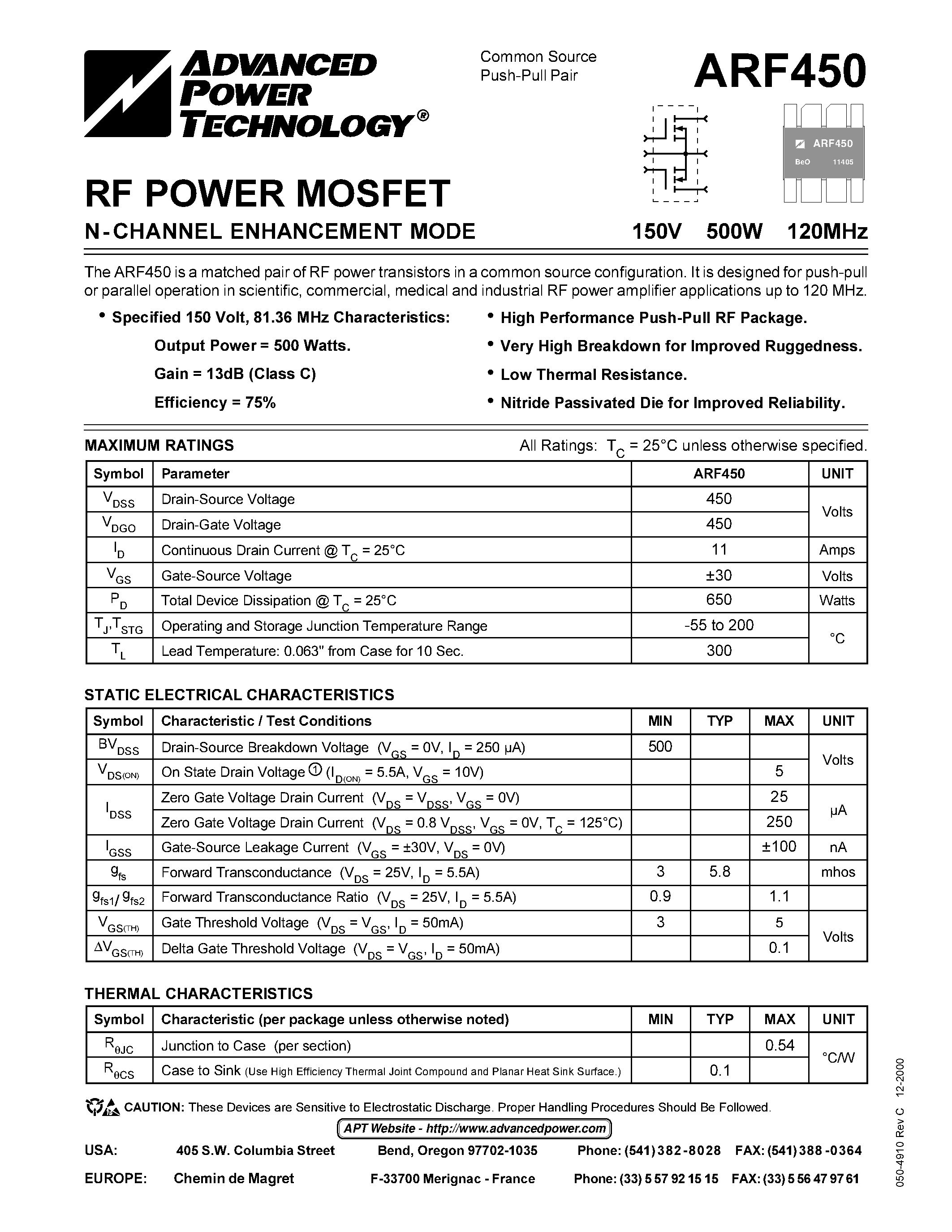 Datasheet ARF450 - N-CHANNEL ENHANCEMENT MODE page 1