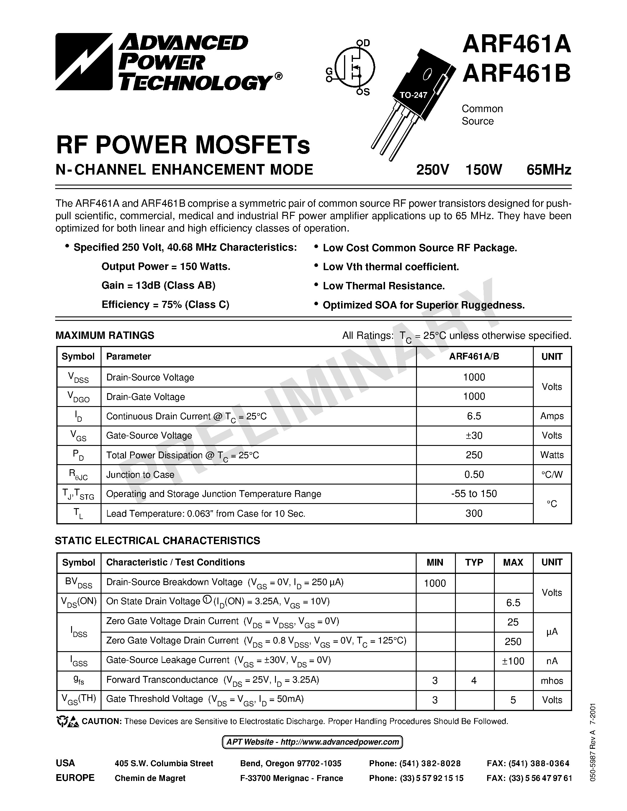 Datasheet ARF461B - N-CHANNEL ENHANCEMENT MODE page 1