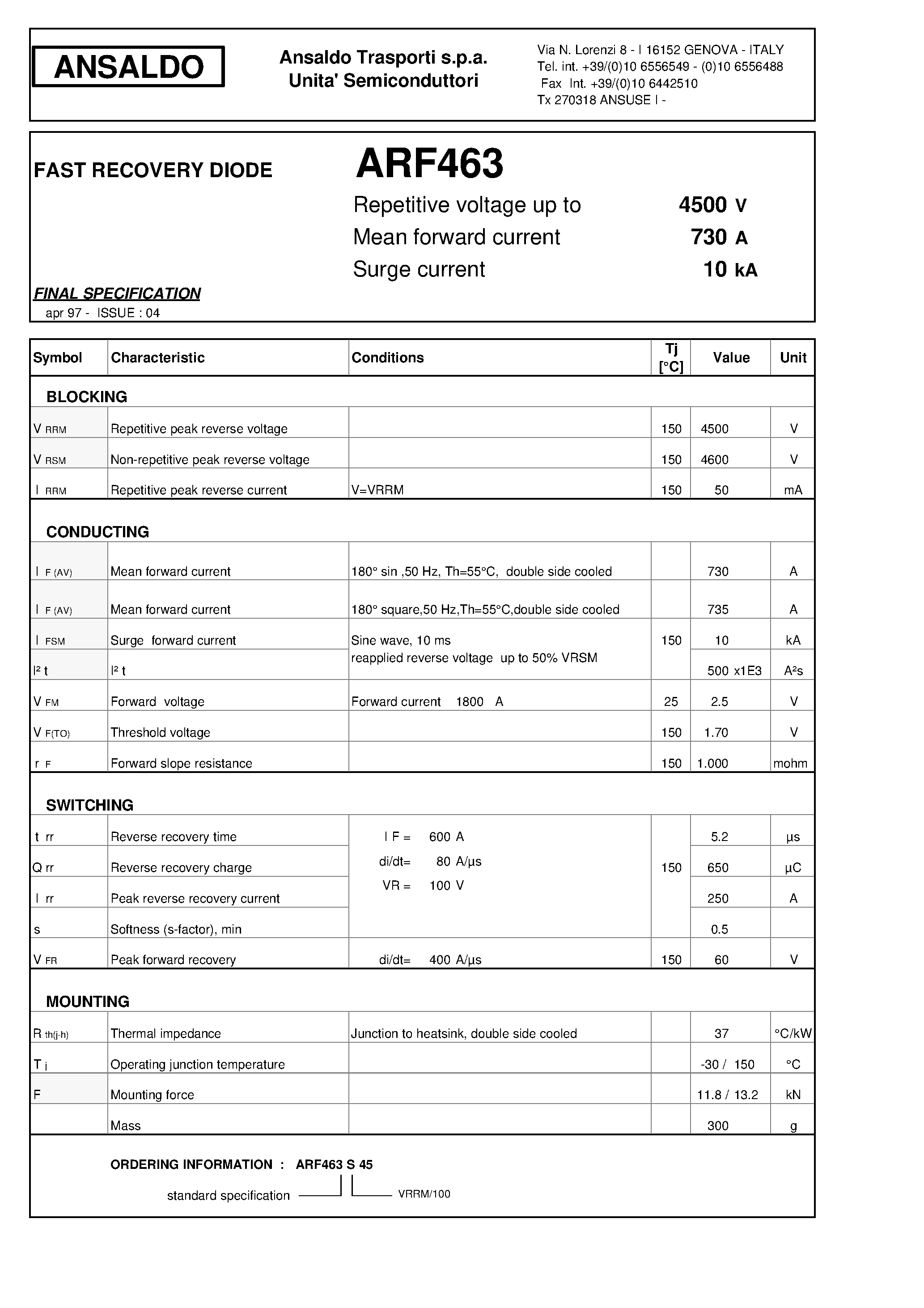 Datasheet ARF463S45 page 1 Datasheet ARF463S45 - FAST RECOVERY DIODE page 1