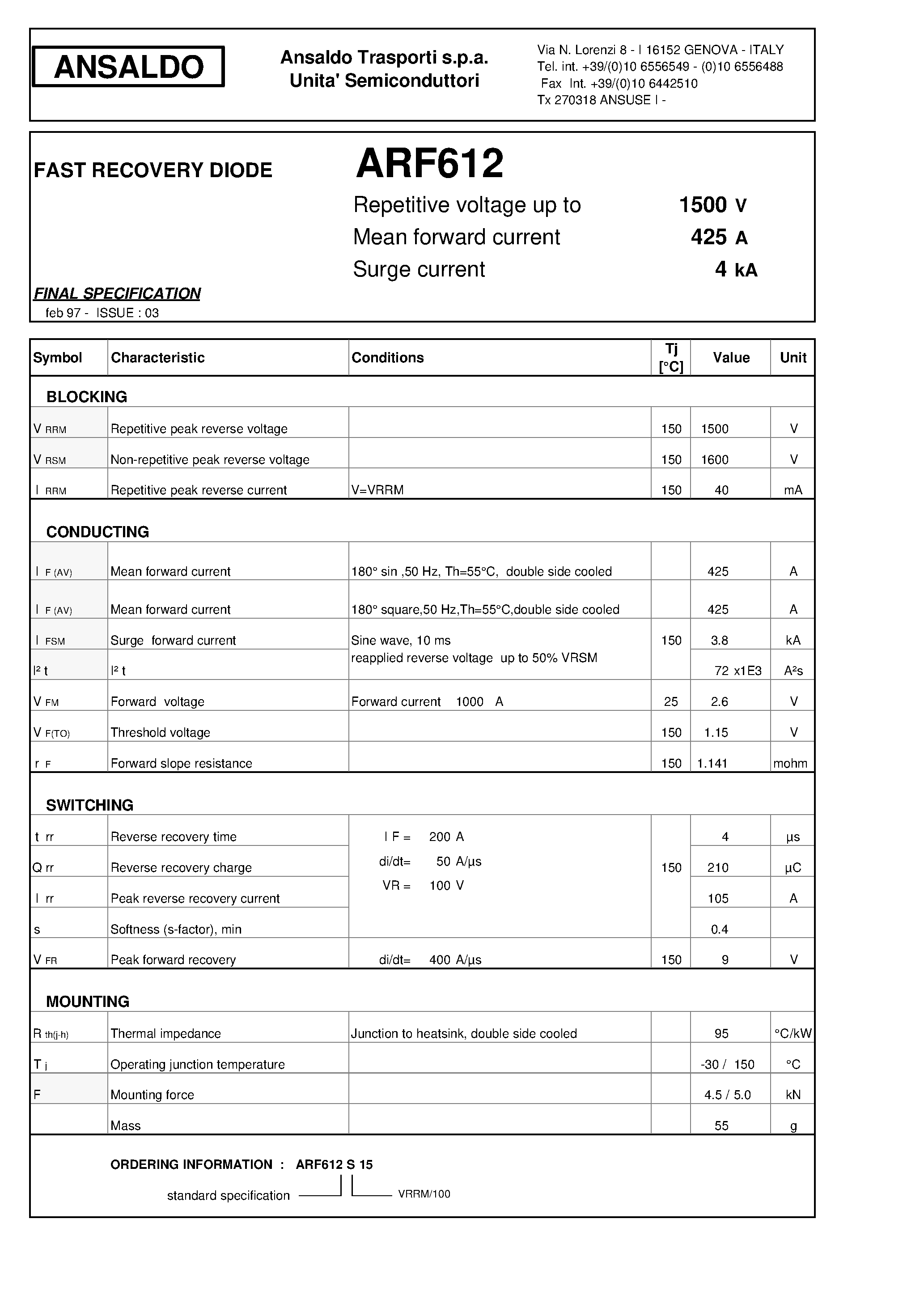 Datasheet ARF612 page 1 Datasheet ARF612 - FAST RECOVERY DIODE page 1