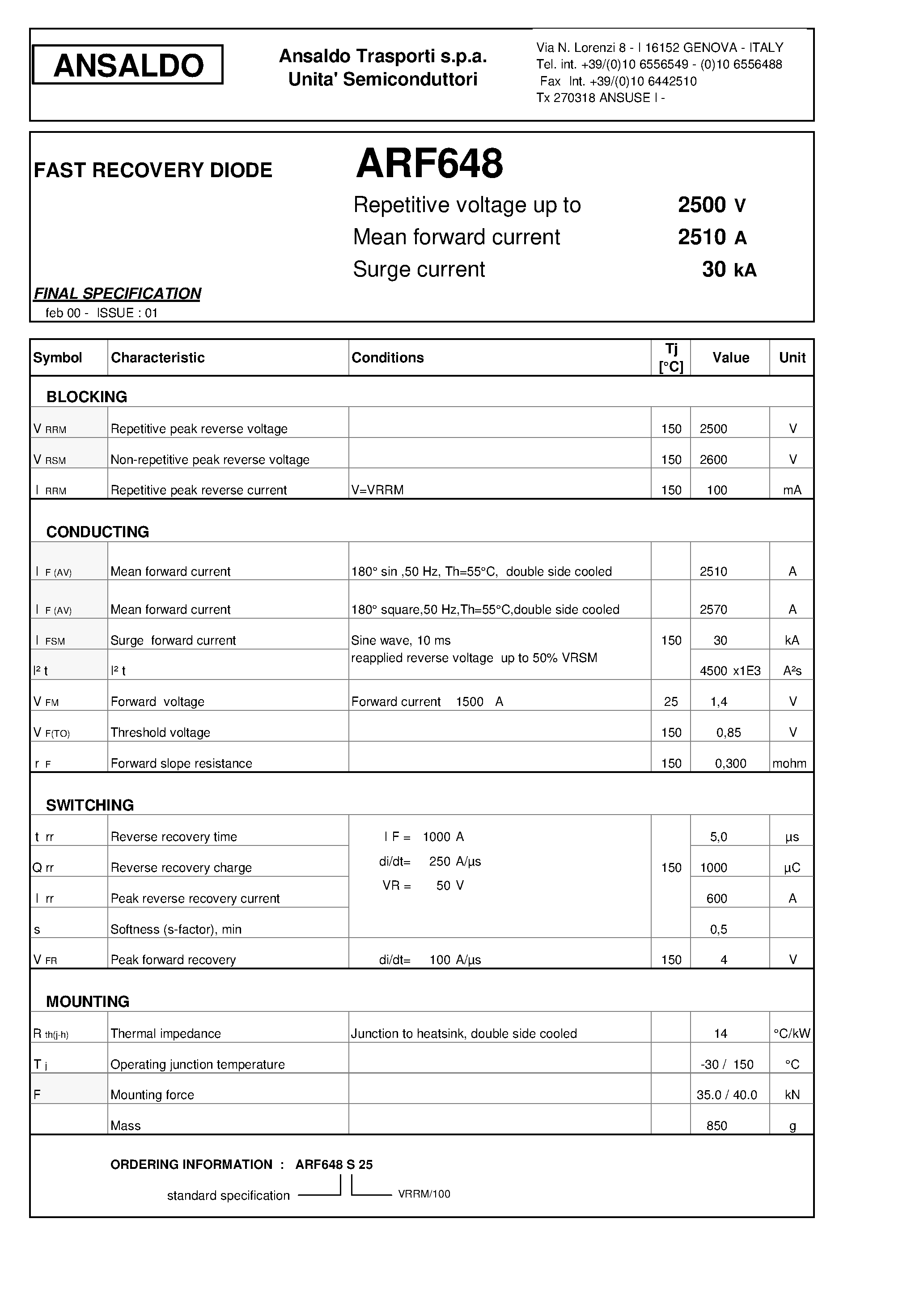 Datasheet ARF648 page 1 Datasheet ARF648 - FAST RECOVERY DIODE page 1