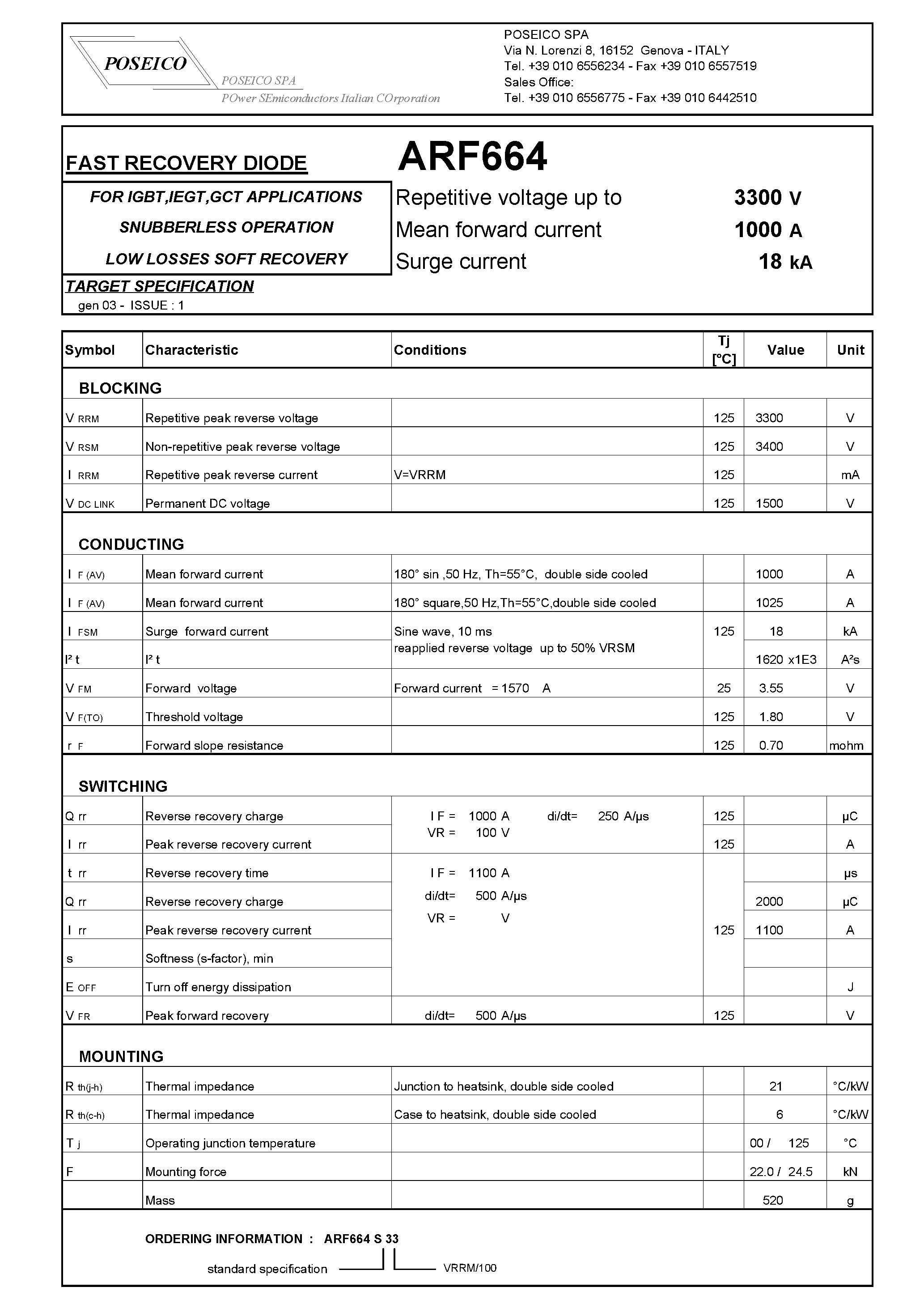 Datasheet ARF664 page 1 Datasheet ARF664 - FAST RECOVERY DIODE page 1
