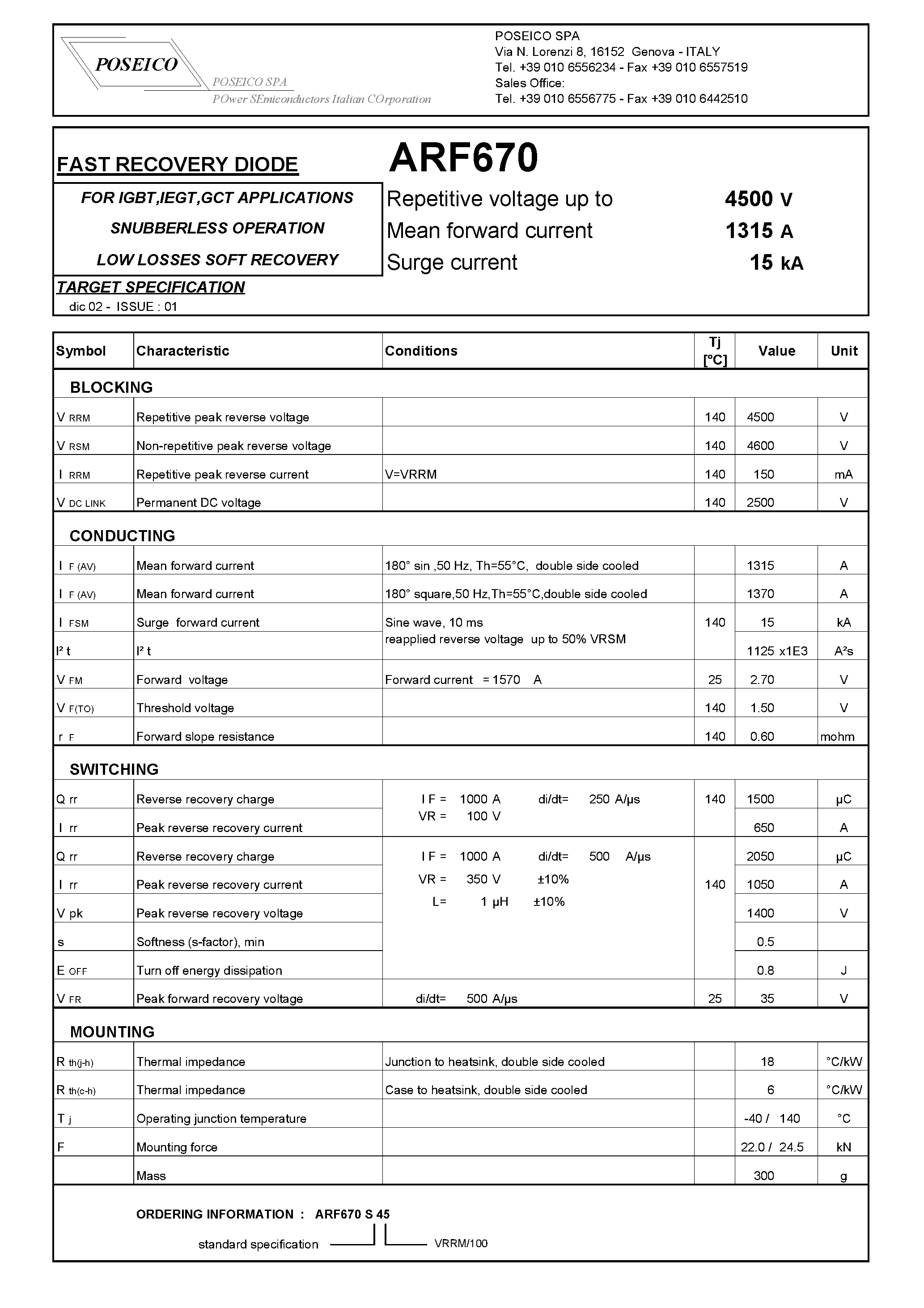 Datasheet ARF670S45 page 1 Datasheet ARF670S45 - FAST RECOVERY DIODE page 1