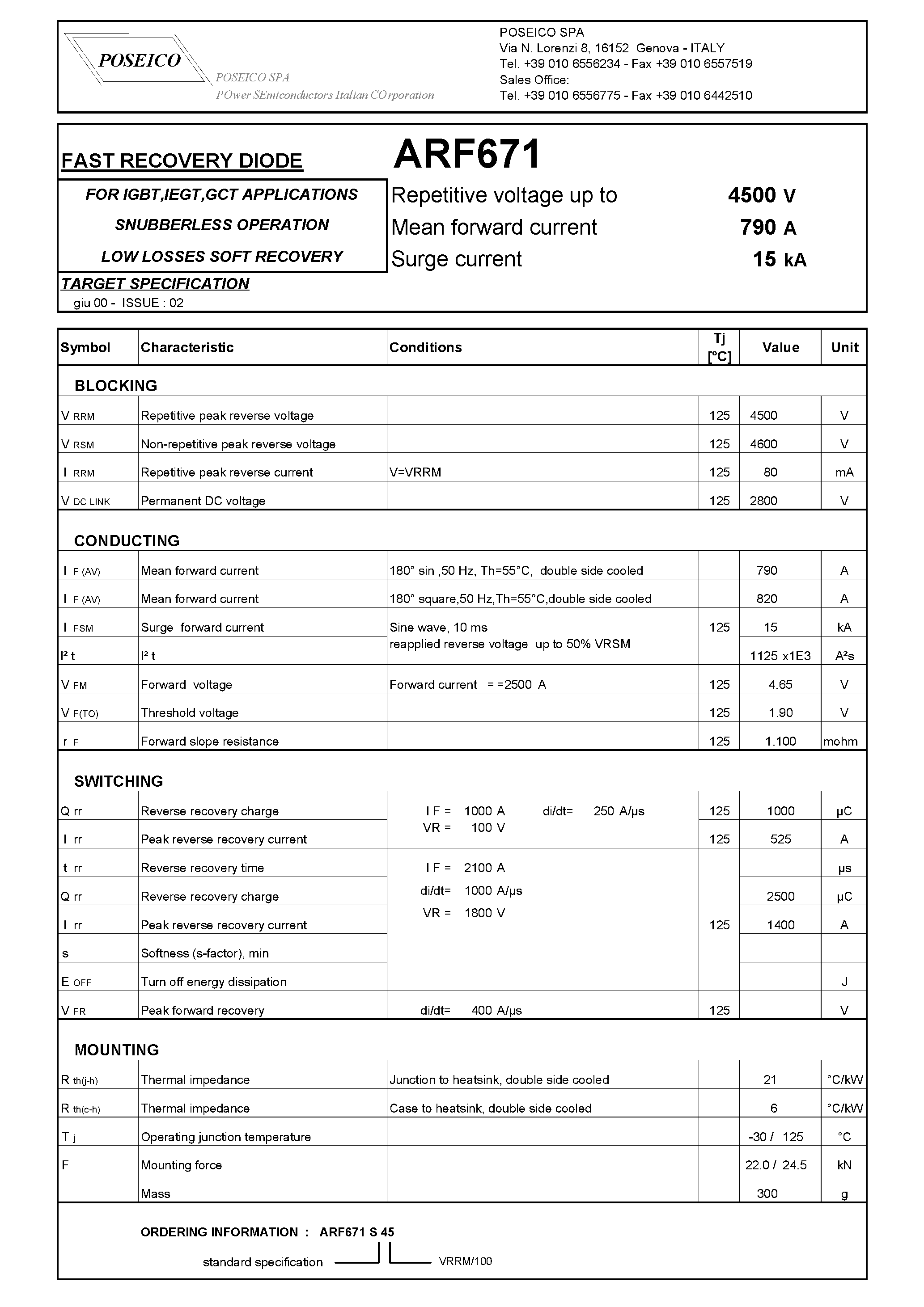 Datasheet ARF671S45 page 1 Datasheet ARF671S45 - FAST RECOVERY DIODE page 1