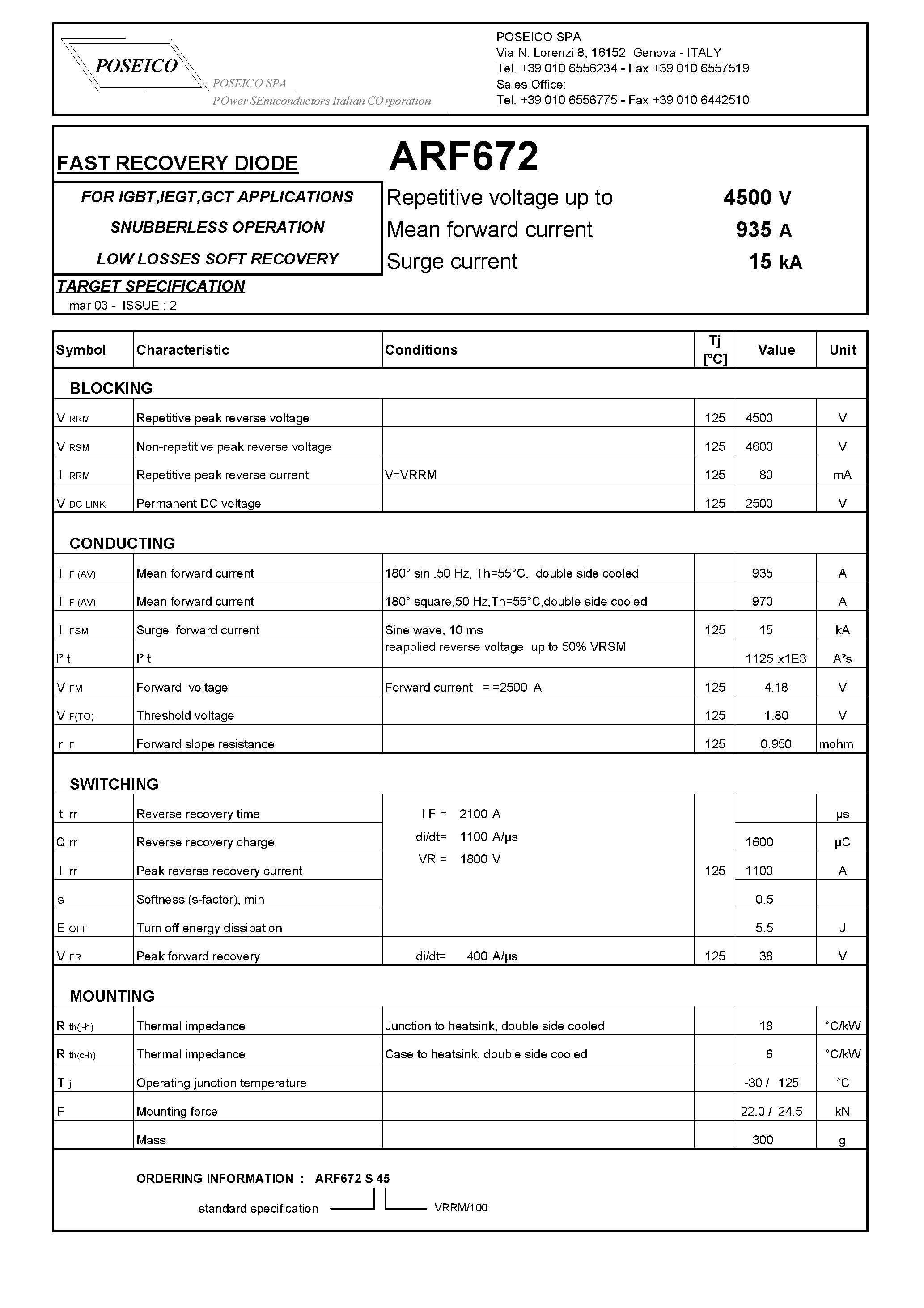 Datasheet ARF672S45 - FAST RECOVERY DIODE page 1