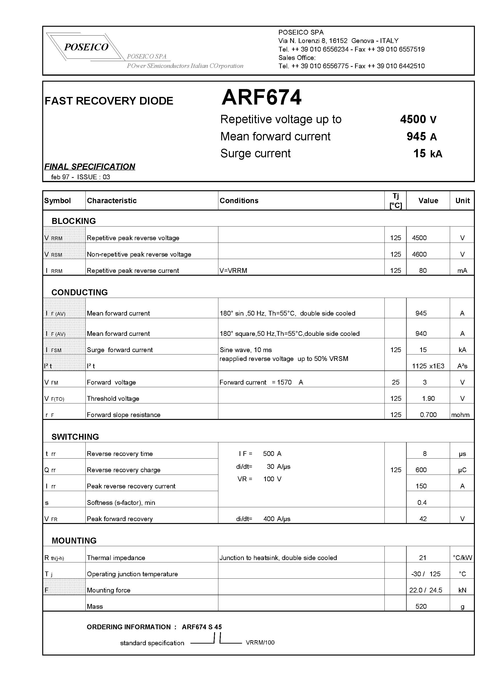 Datasheet ARF674 page 1 Datasheet ARF674 - FAST RECOVERY DIODE page 1