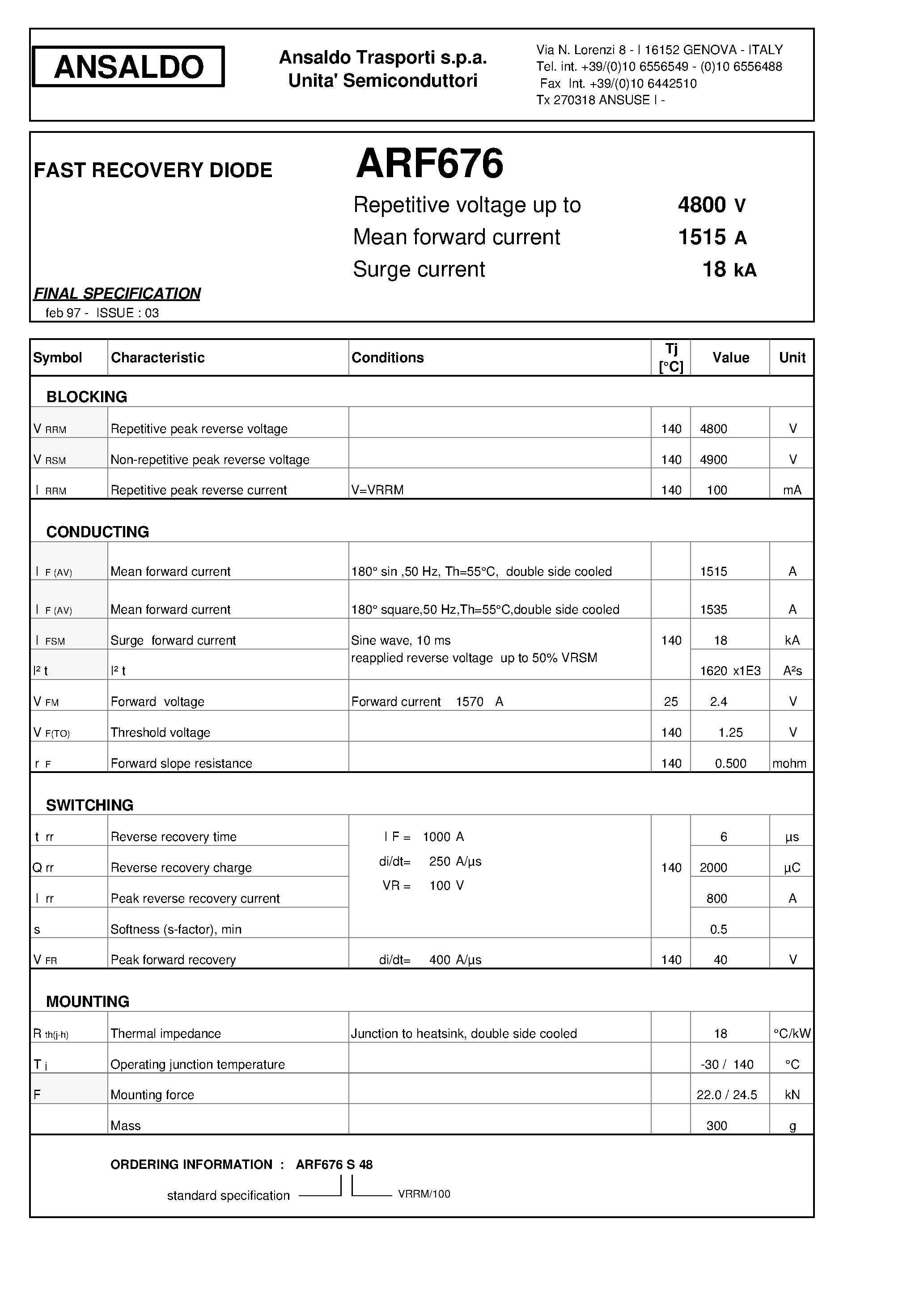Datasheet ARF676S48 page 1 Datasheet ARF676S48 - FAST RECOVERY DIODE page 1