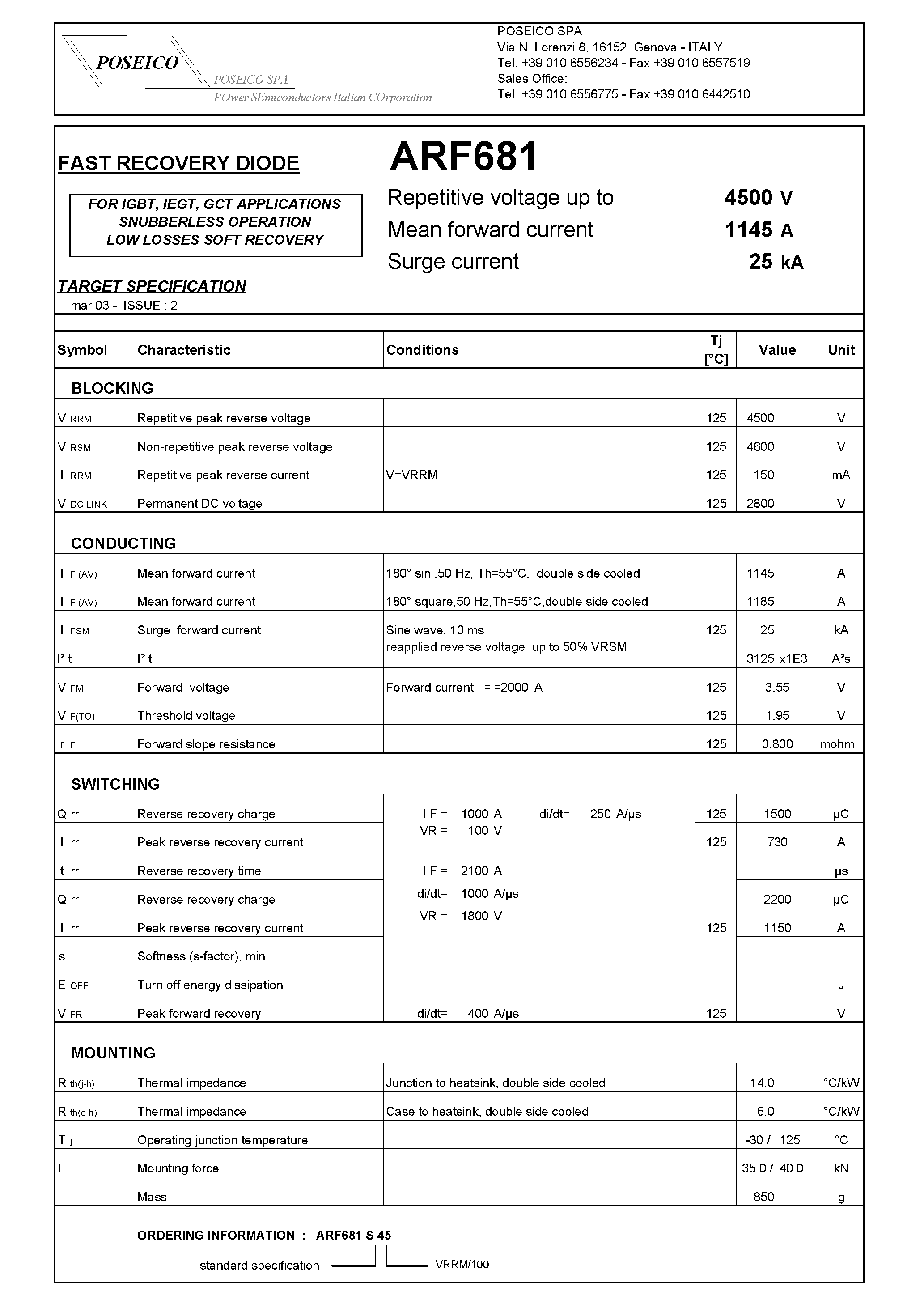 Datasheet ARF681 page 1 Datasheet ARF681 - FAST RECOVERY DIODE page 1