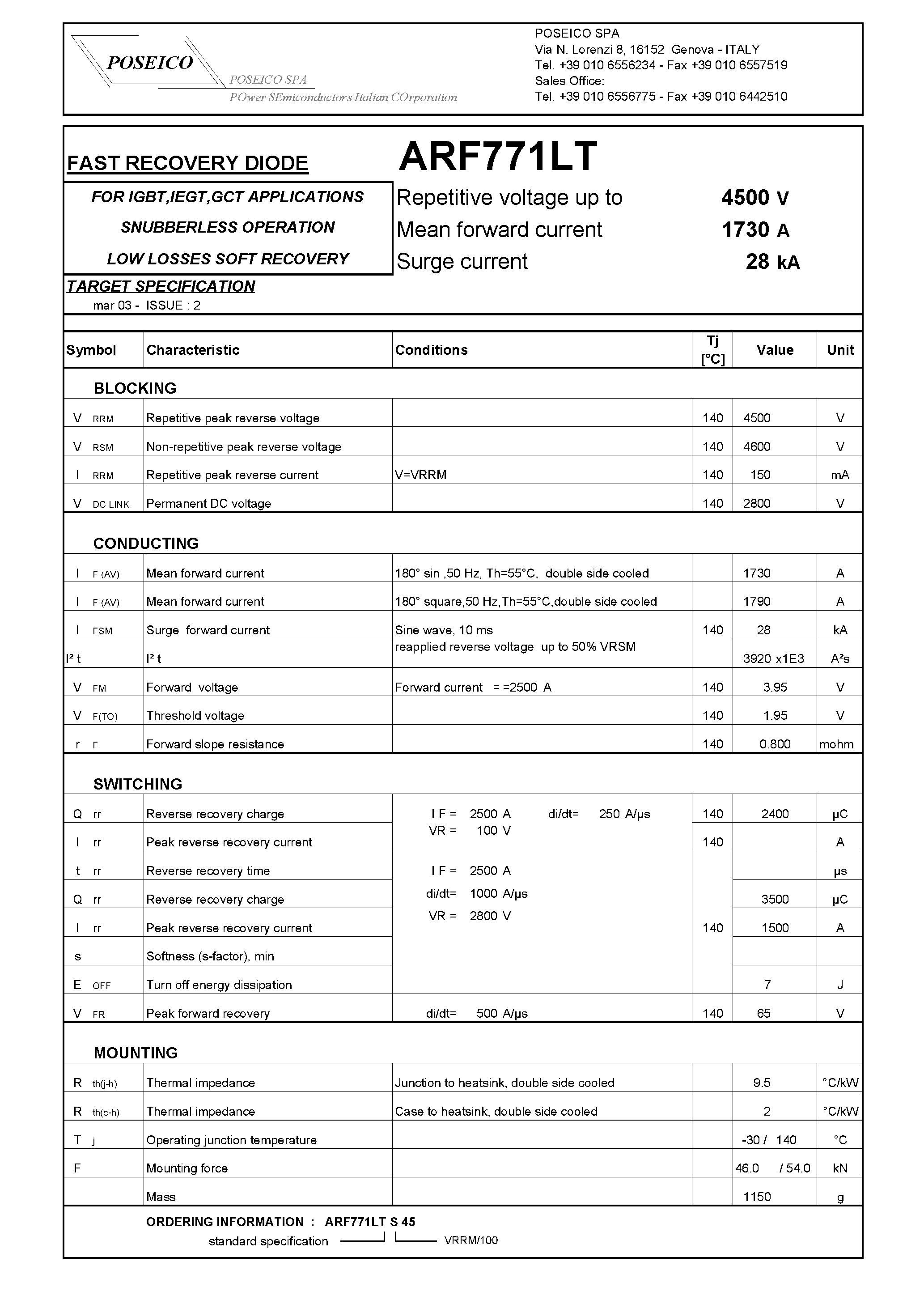 Datasheet ARF771LTS45 page 1 Datasheet ARF771LTS45 - FAST RECOVERY DIODE page 1