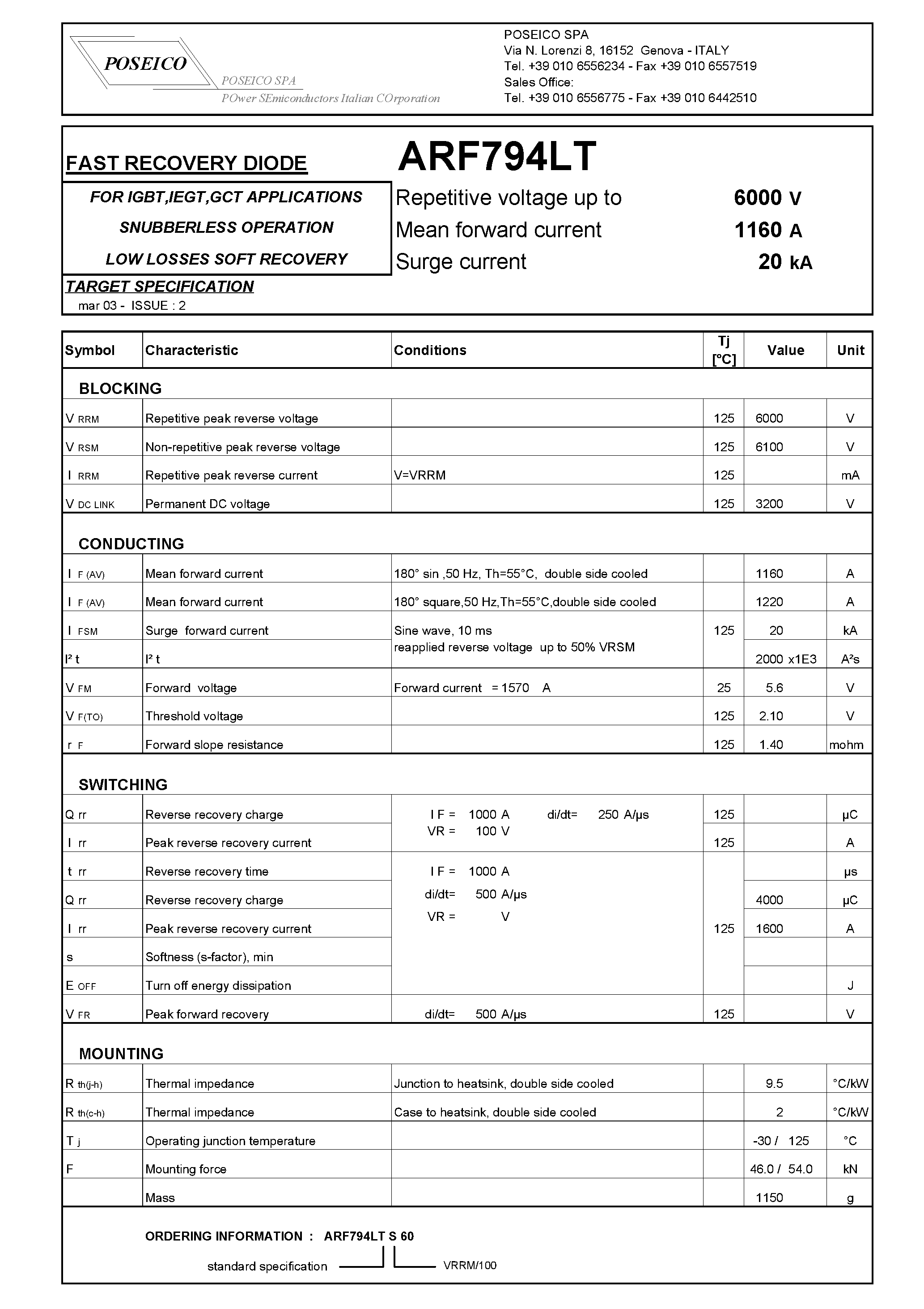 Datasheet ARF794LTS60 page 1 Datasheet ARF794LTS60 - FAST RECOVERY DIODE page 1