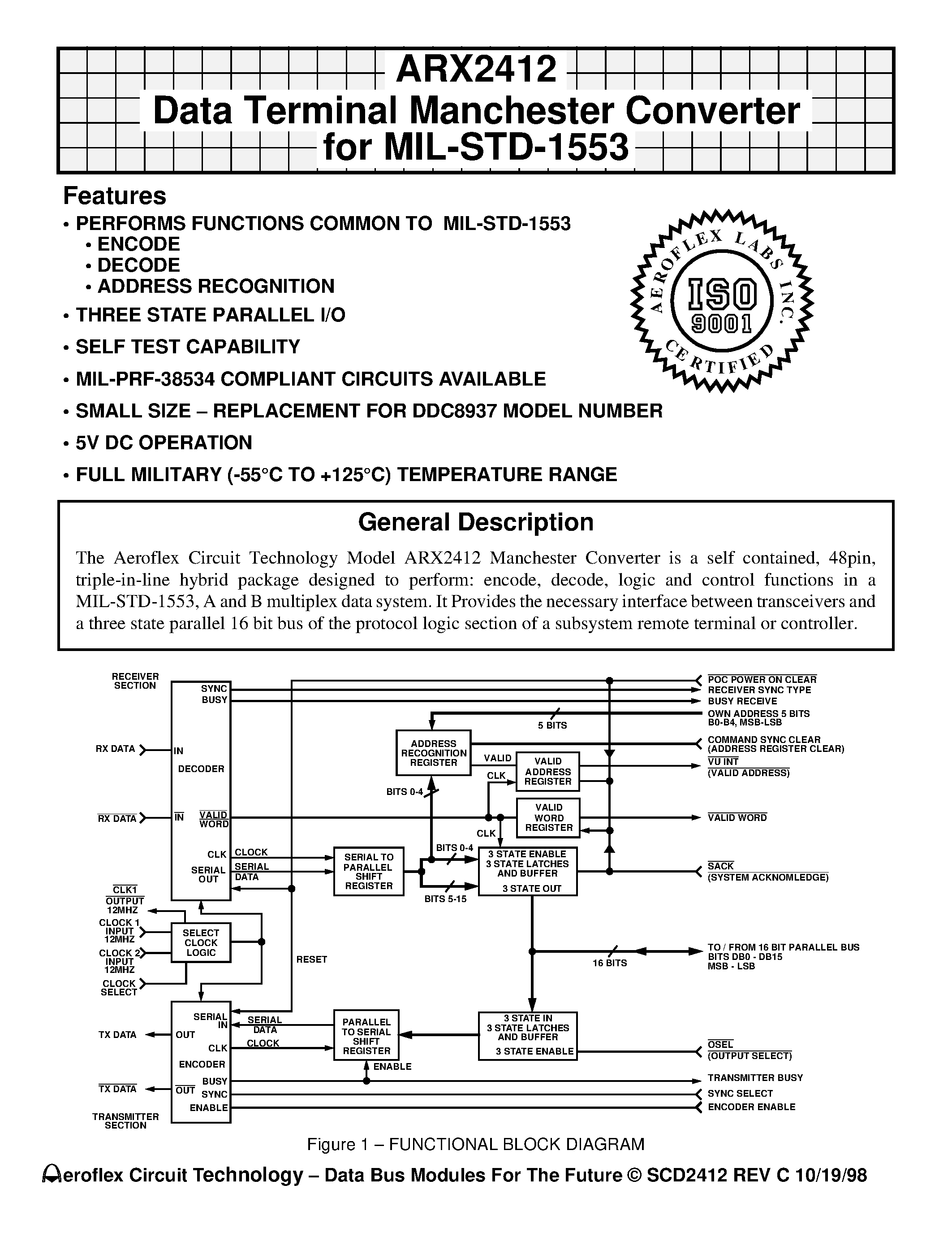 Даташит на микросхему ARX2412 страница 1 Даташит ARX2412 - ARX2412 Data Terminal Manchester Converter for MIL-STD-1553 страница 1