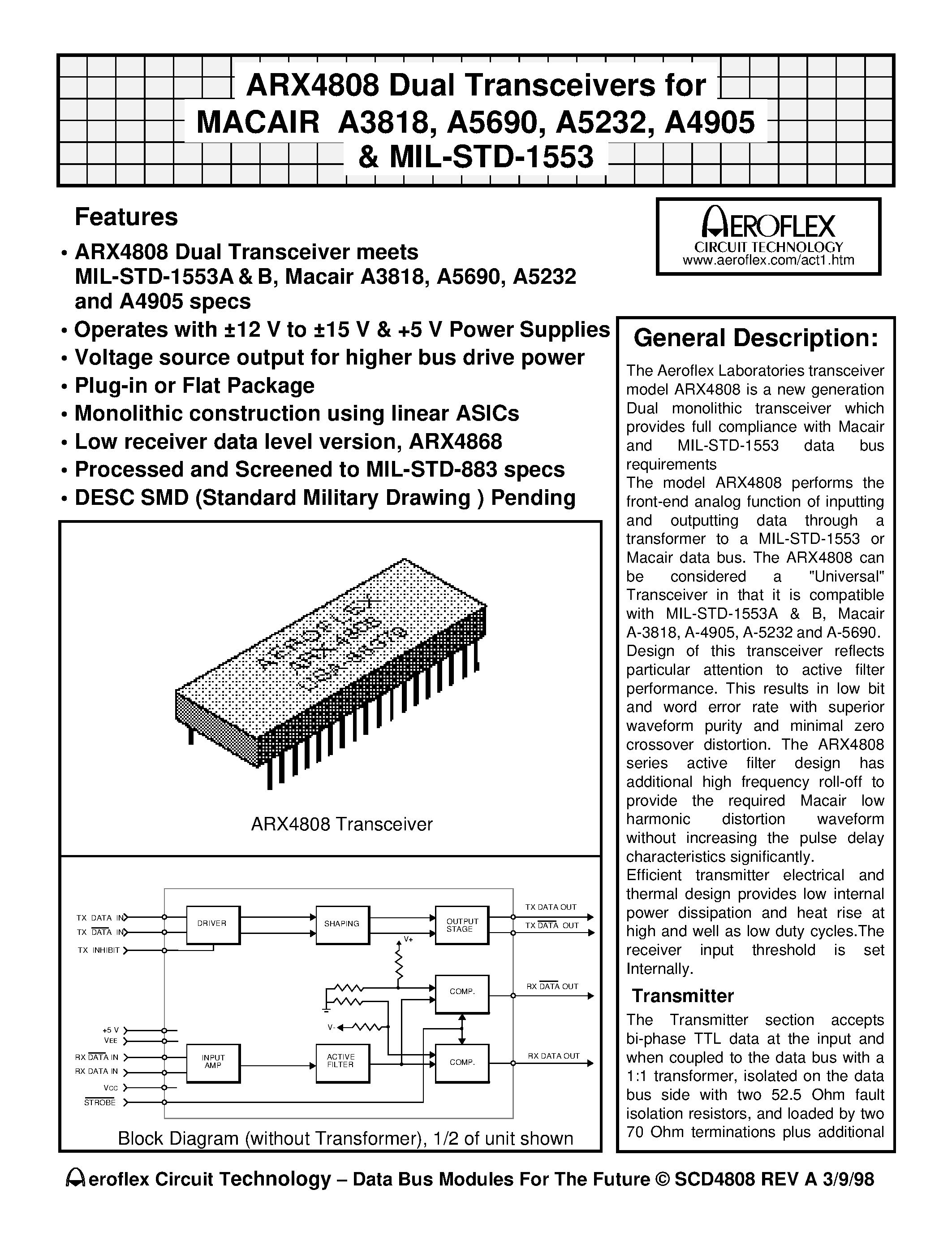 Datasheet ARX4868-2 - VARX4808 Dual Transceivers for MACAIR A3818/ A5690/ A5232/ A4905 & MIL-STD-1553 page 1