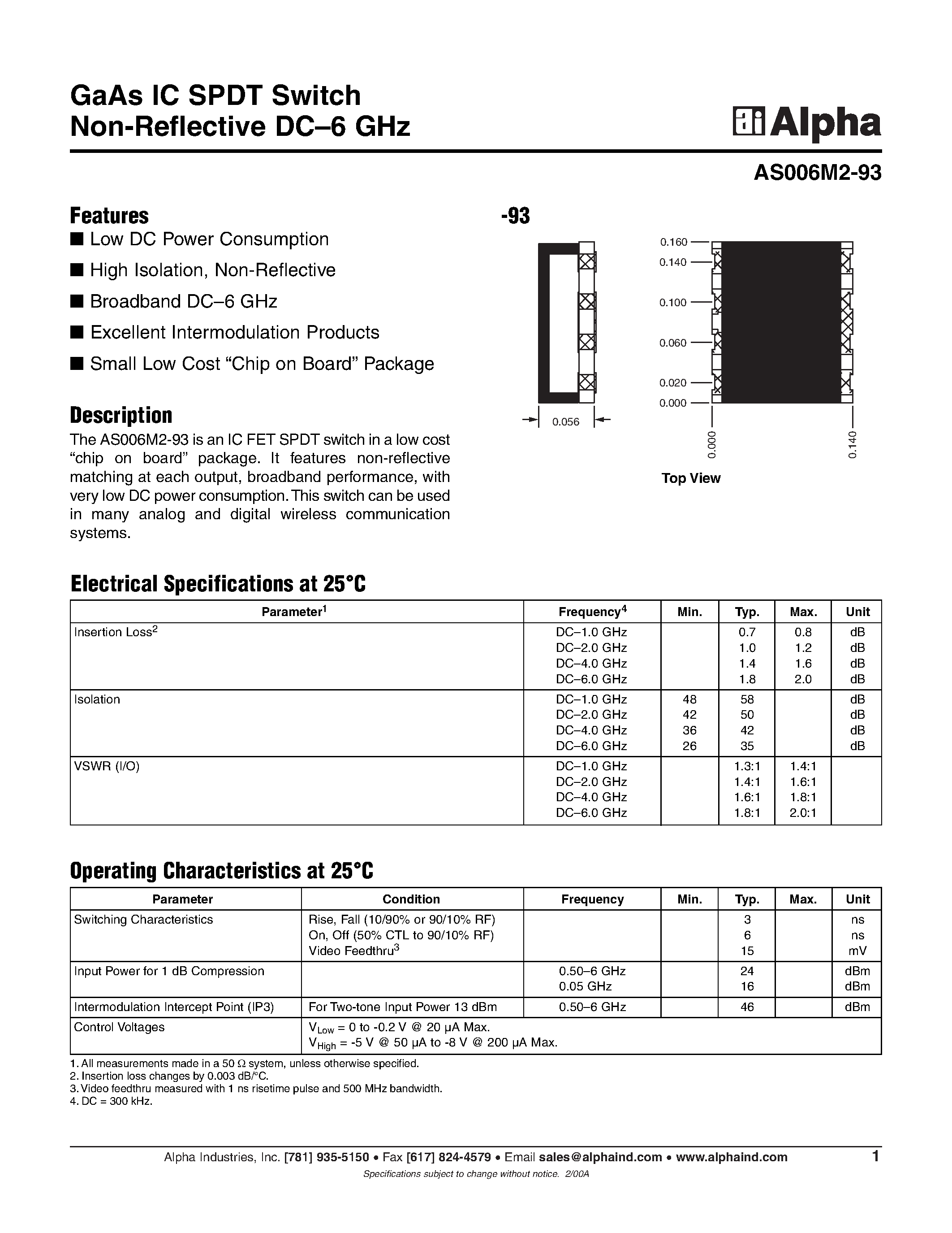 Datasheet AS006M2-93 - GaAs IC SPDT Switch Non-Reflective DC-6 GHz page 1