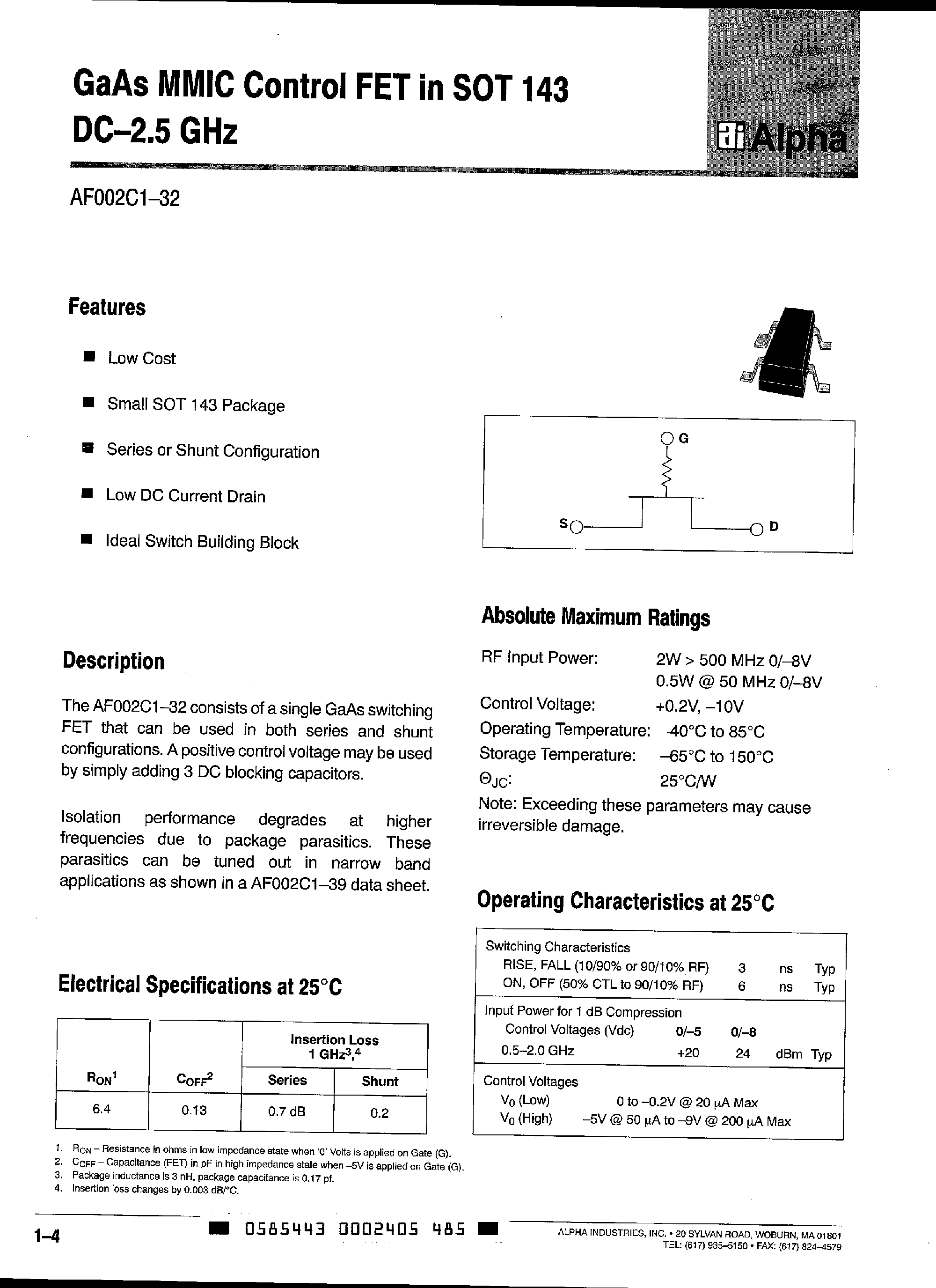 Datasheet AS006R2-01 - GaAs MMIC Control FET in SOT 143 DC-2.5 GHz page 1