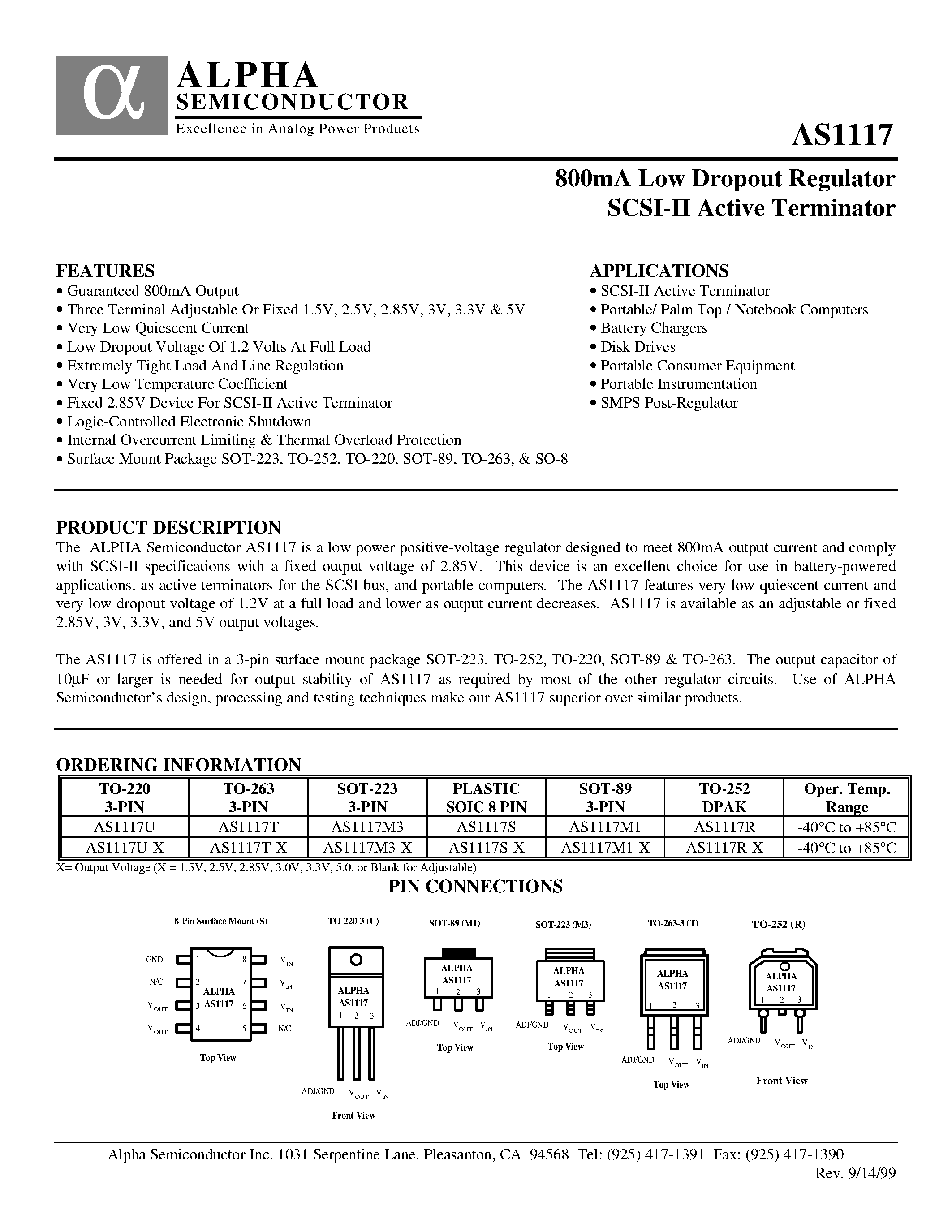 Даташит AS1117M3-X - 800mA Low Dropout Regulator SCSI-II Active Terminator страница 1
