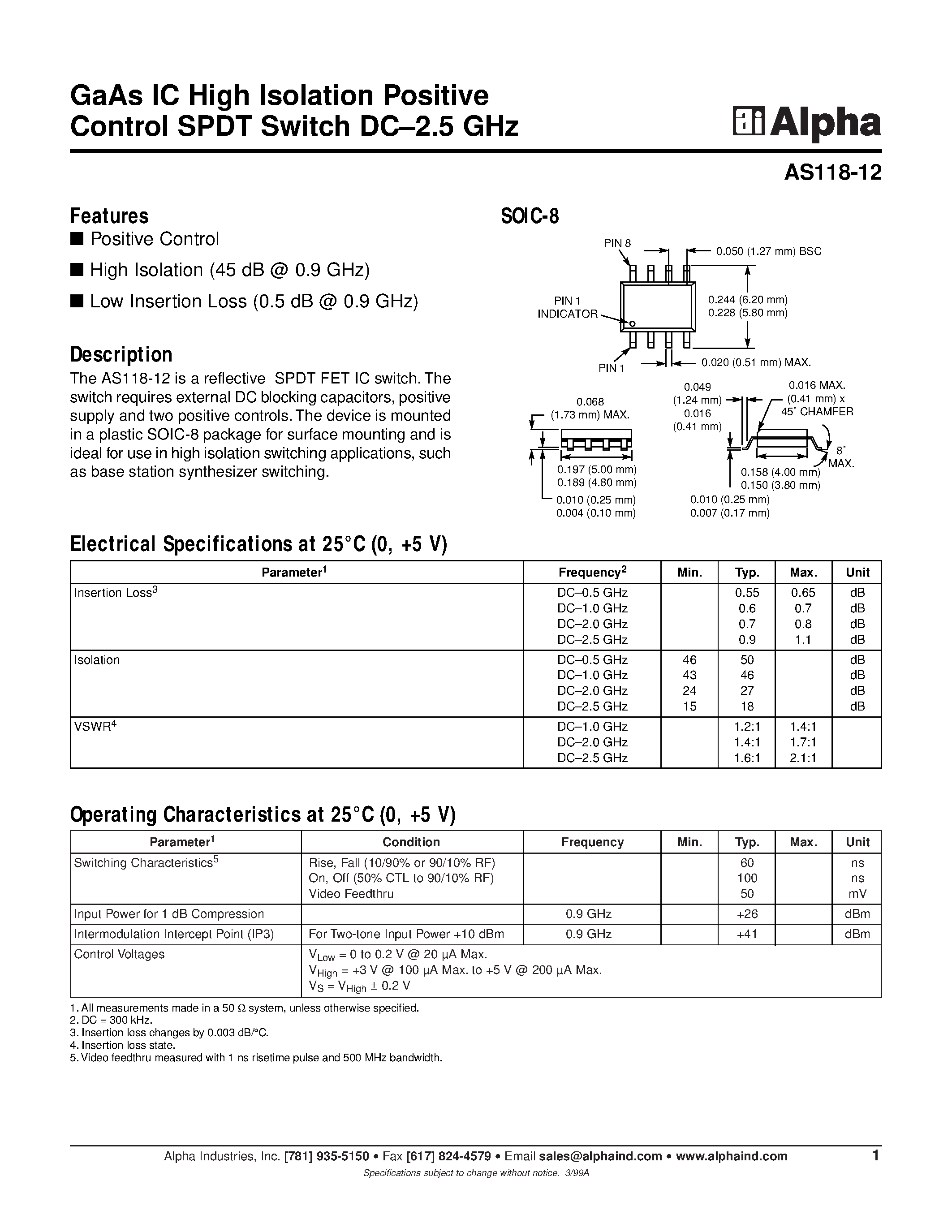 Datasheet AS118-12 - GaAs IC High Isolation Positive Control SPDT Switch DC-2.5 GHz page 1