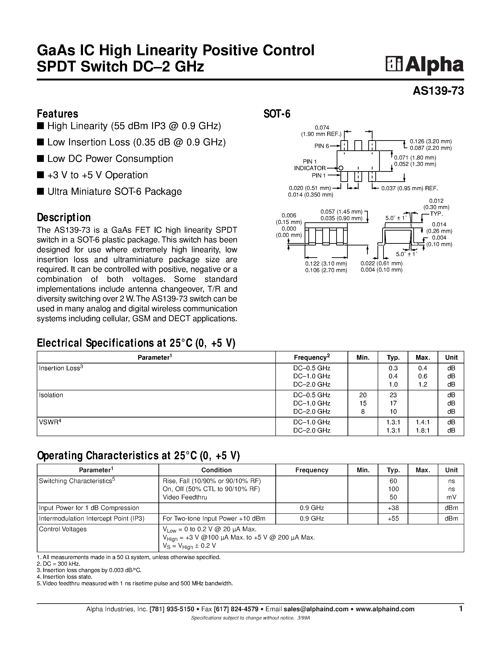 Даташит на микросхему AS139-73 страница 1 Даташит AS139-73 - GaAs IC High Linearity Positive Control SPDT Switch DC-2 GHz страница 1