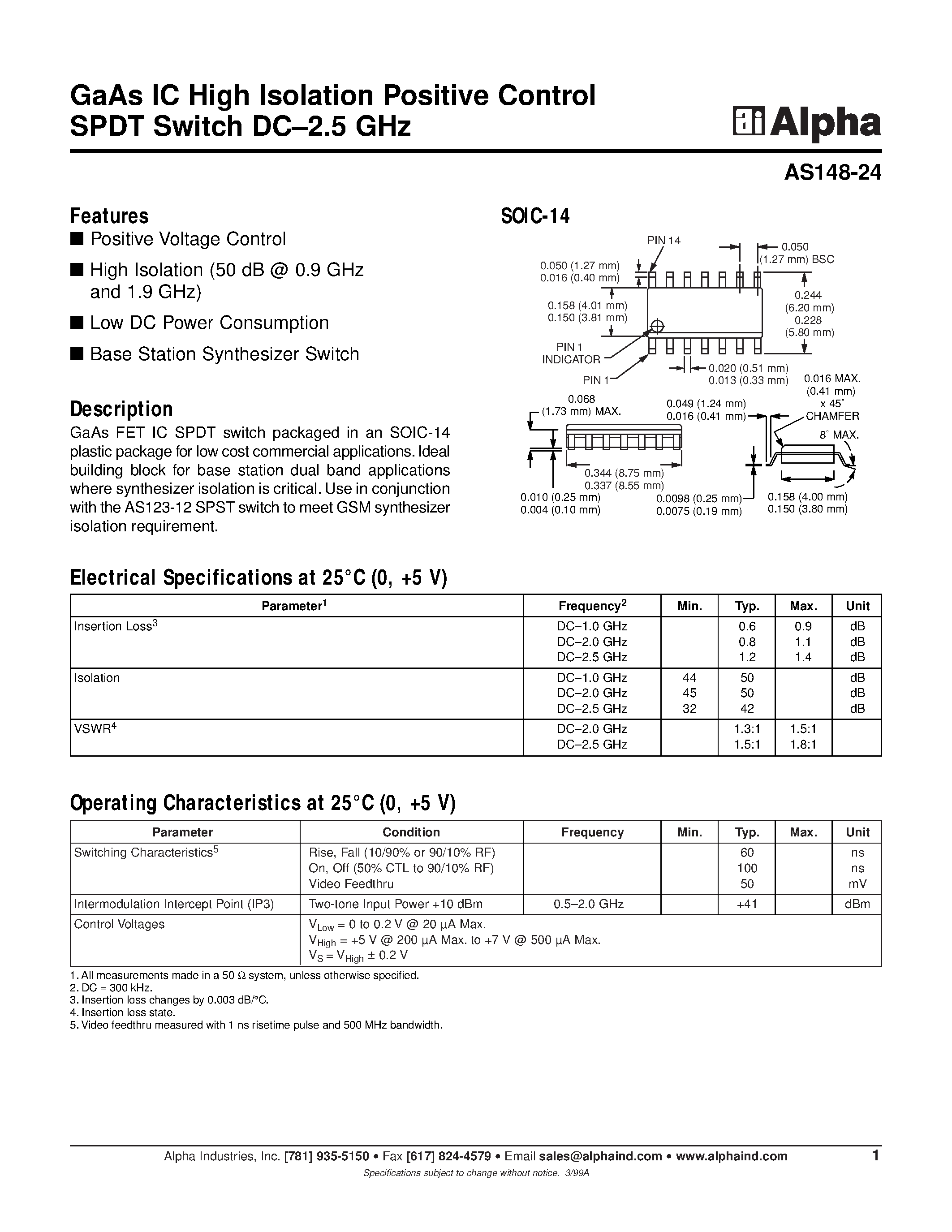 Datasheet AS148-24 - GaAs IC High Isolation Positive Control SPDT Switch DC-2.5 GHz page 1