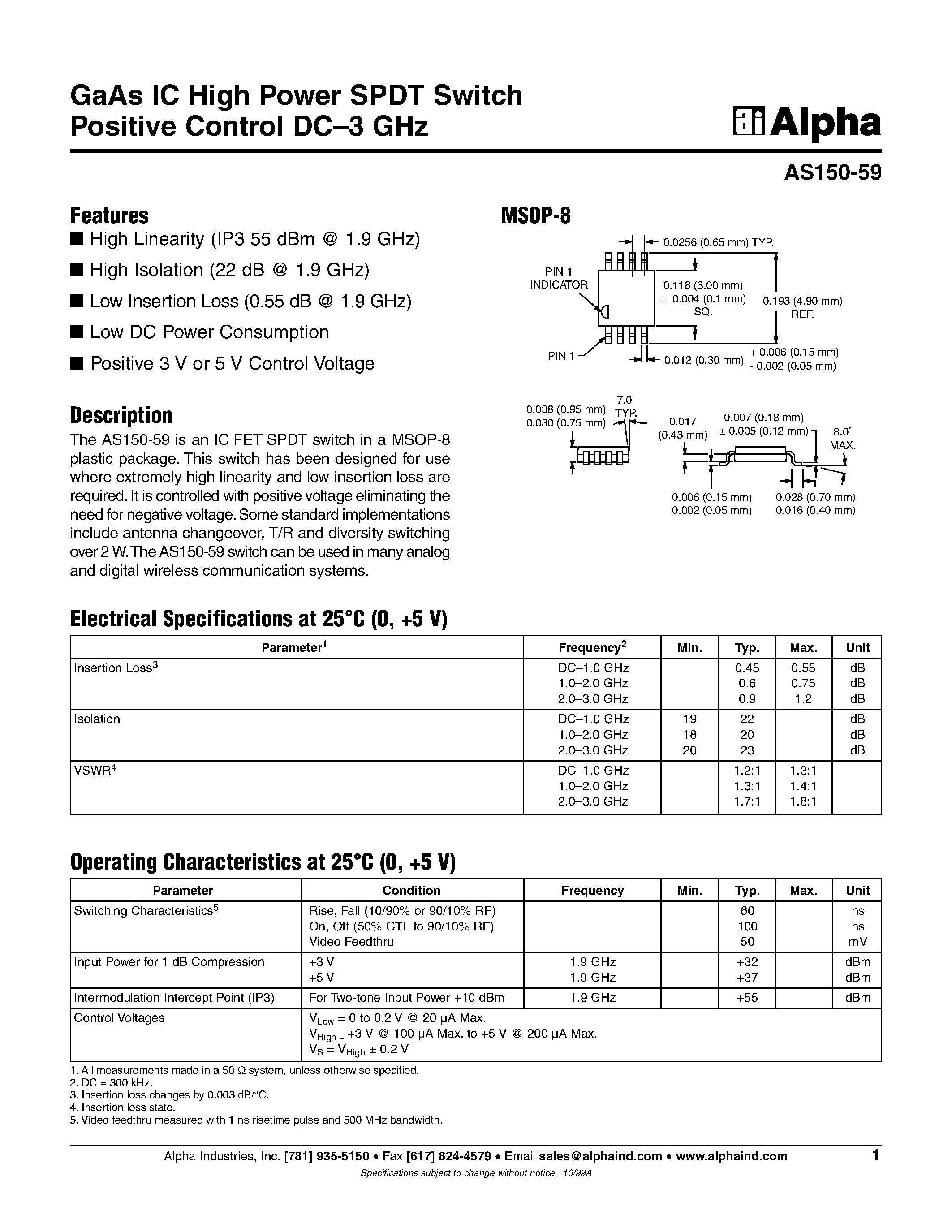 Datasheet AS150-59 page 1 Datasheet AS150-59 - GaAs IC High Power SPDT Switch Positive Control DC-3 GHz page 1