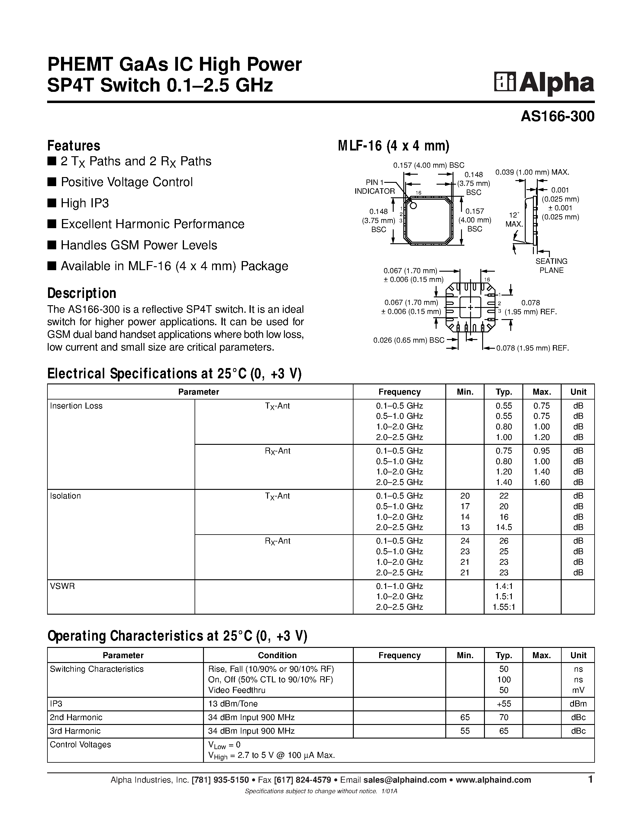 Datasheet AS166-300 - PHEMT GaAs IC High Power SP4T Switch 0.1-2.5 GHz page 1