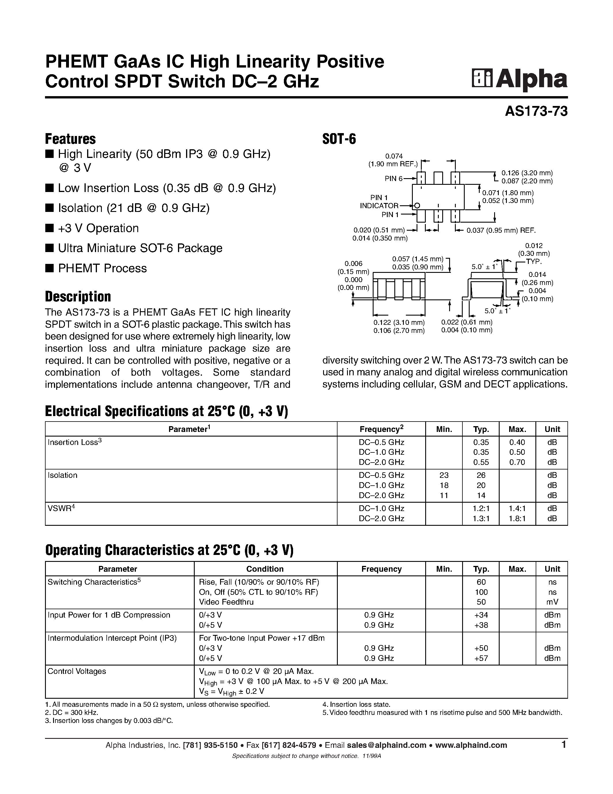 Даташит на микросхему AS173-73 страница 1 Даташит AS173-73 - PHEMT GaAs IC High Linearity Positive Control SPDT Switch DC-2 GHz страница 1