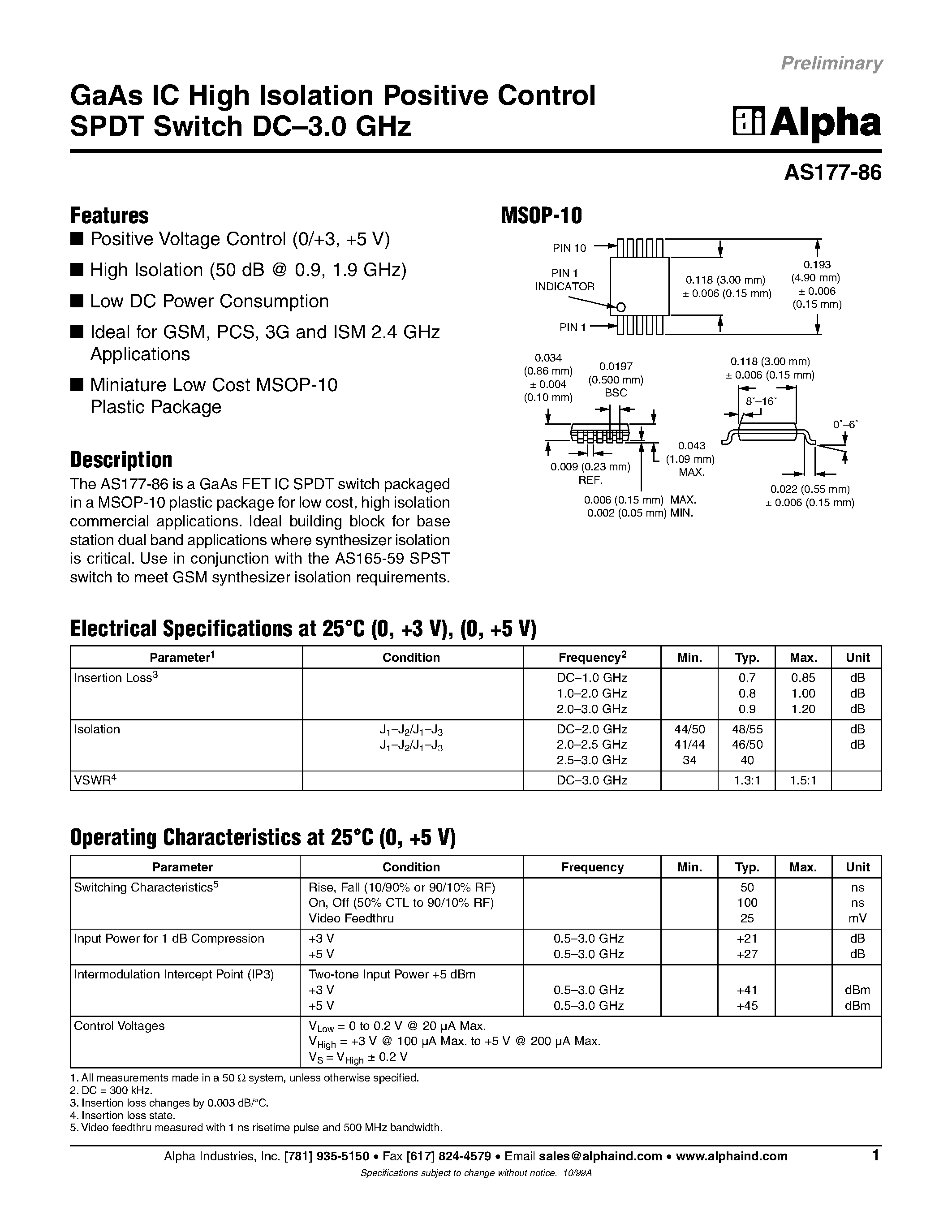 Datasheet AS177-86 - GaAs IC High Isolation Positive Control SPDT Switch DC-3.0 GHz page 1