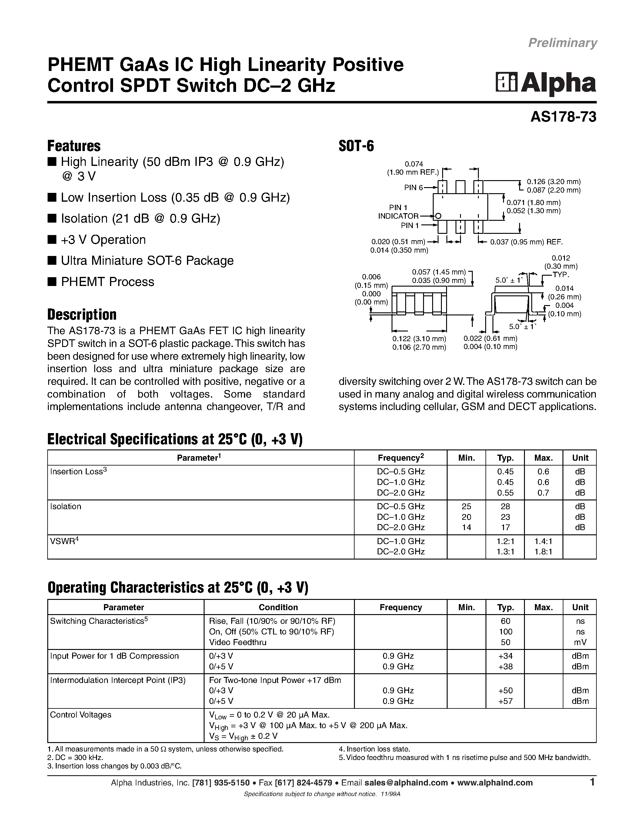 Даташит на микросхему AS178-73 страница 1 Даташит AS178-73 - PHEMT GaAs IC High Linearity Positive Control SPDT Switch DC-2 GHz страница 1