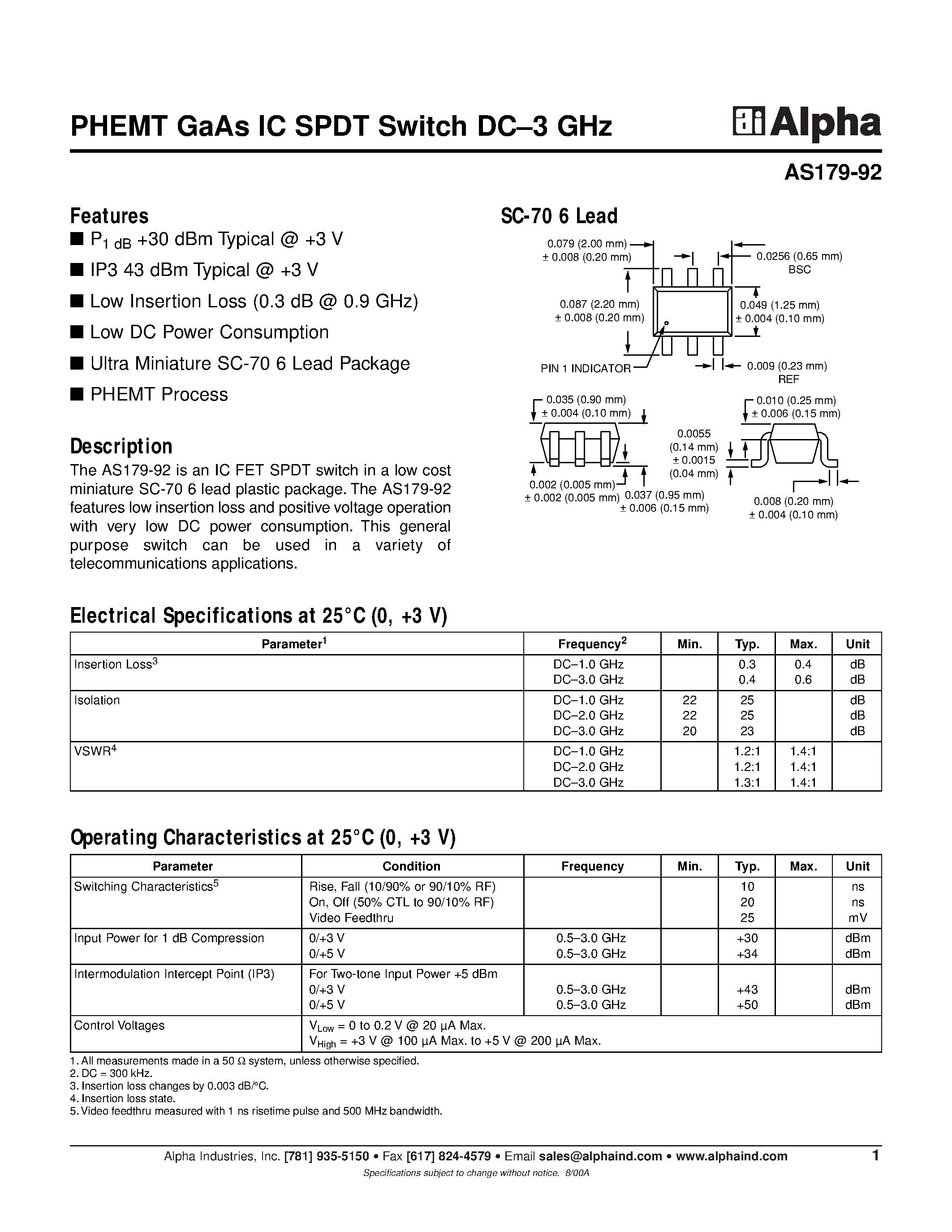 Datasheet AS179-92 - PHEMT GaAs IC SPDT Switch DC-3 GHz page 1